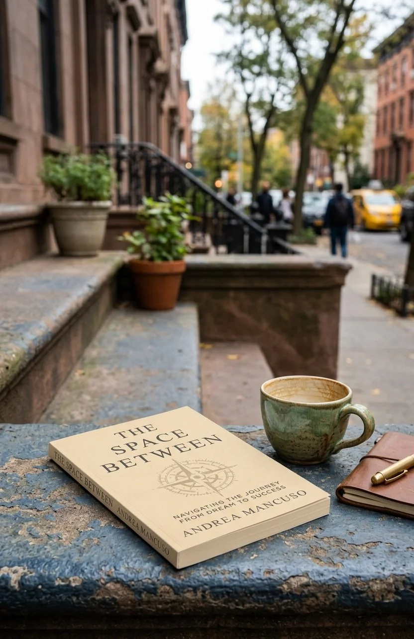 A book titled 'The Space Between' by Andrea Mancuso, a ceramic mug, a closed notebook with a pen on top, on a stone ledge outside in an urban setting with buildings, trees, and pedestrians in the background.
