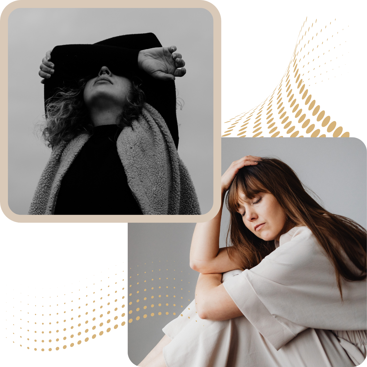 A collage featuring two women feeling distressed. The woman on the left is in black and white, with curly hair and a fleece jacket, covering her eyes with one arm raised. The woman on the right has long brown hair, is wearing a light-colored shirt, and is holding her head with a pained expression.