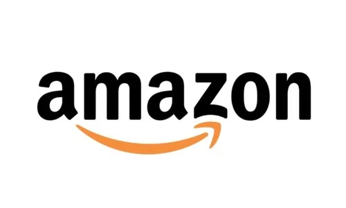 Amazon logo with black text and orange arrow underneath.