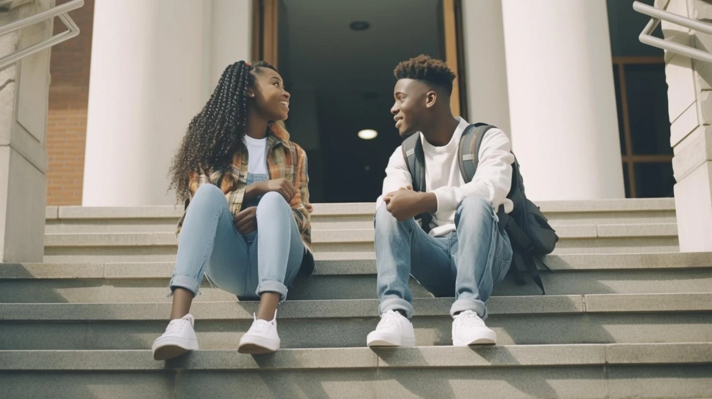 Two young adults, a woman and a man, sitting on the steps of a house, smiling and looking at each other, engaged in conversation, with backpacks, casual clothing, and sneakers.