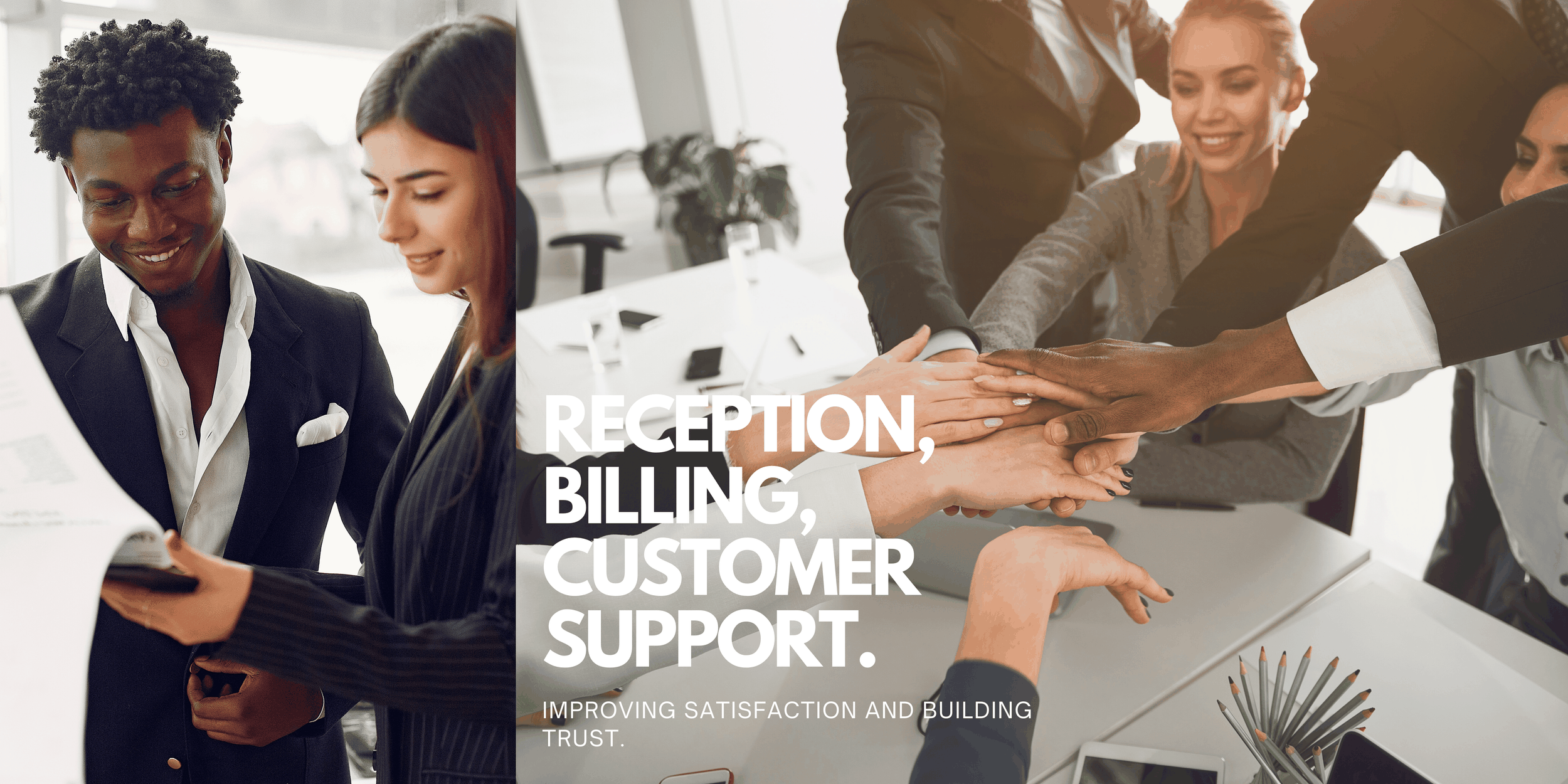 Group of diverse business professionals in a meeting room celebrating a success with stacked hands, with text overlay about customer support and satisfaction.