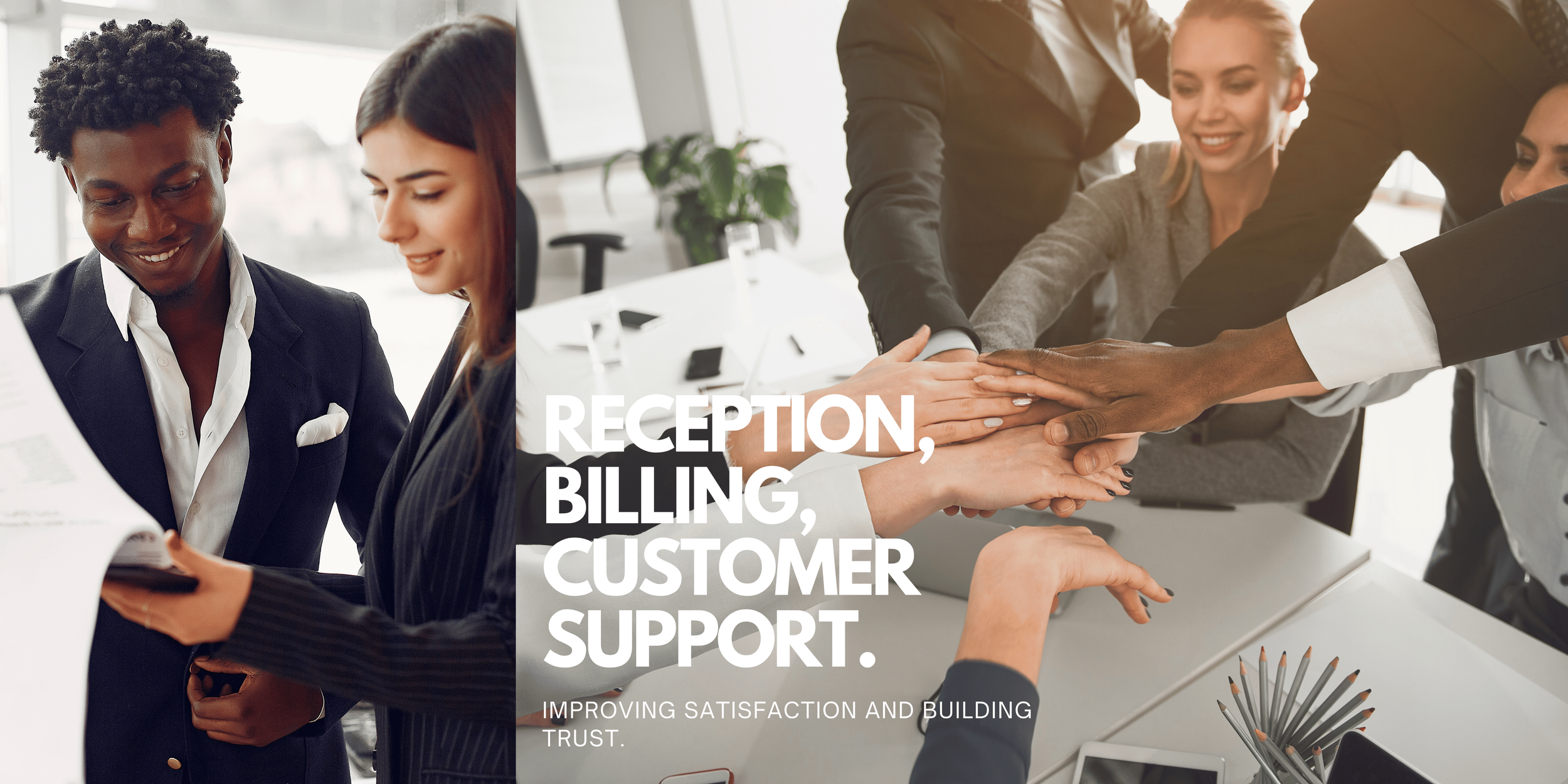 Business professional virtual assistants engaging in a group handshake in a modern office after successfully handling outsourced customer service tasks, promoting reception, billing, customer support, and live chat assistance.