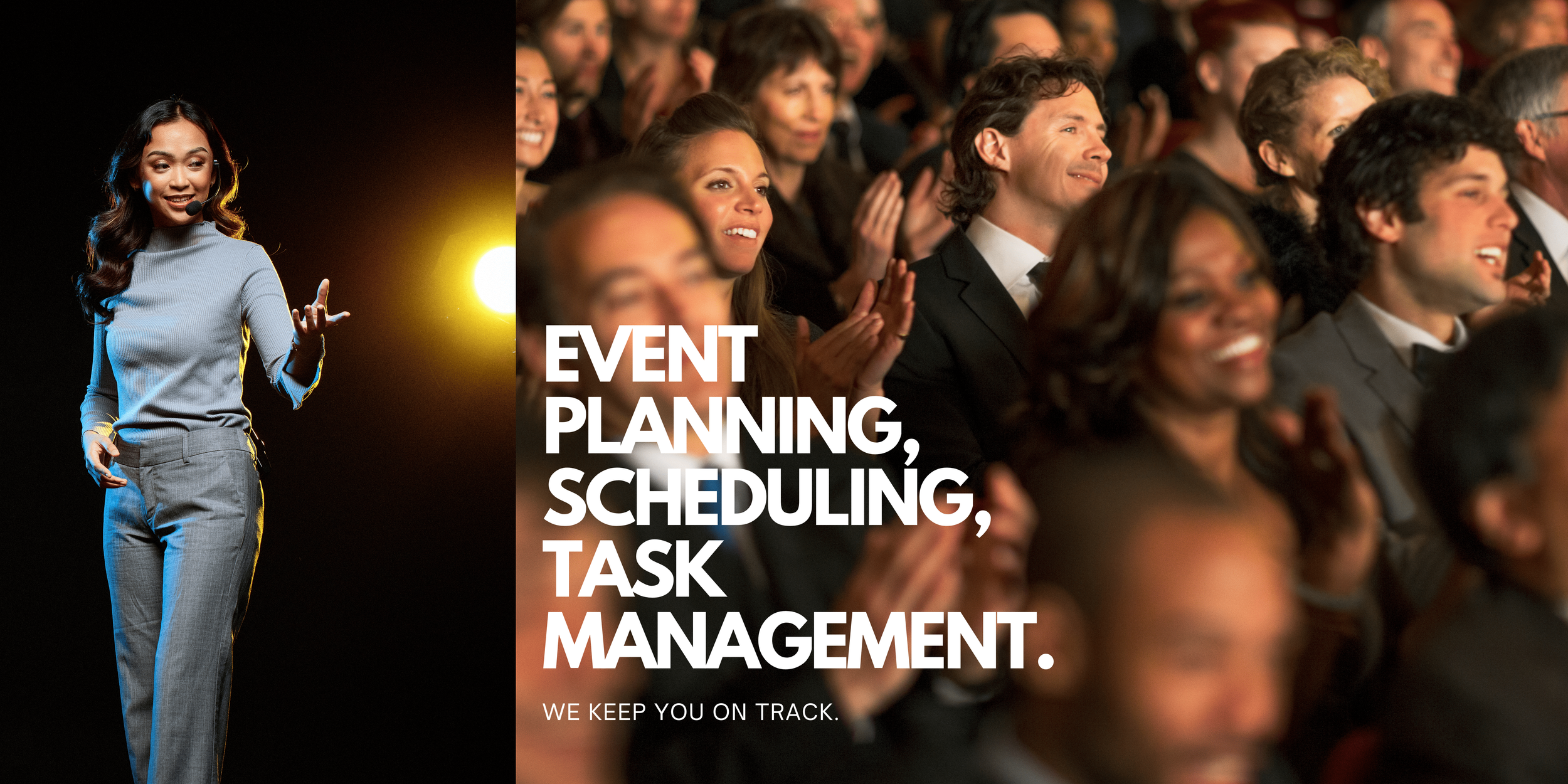 A business owner with a virtual assistant giving a presentation at a conference, with a large audience clapping and smiling. She had help from a remote assistant with event planning, scheduling, and task management.