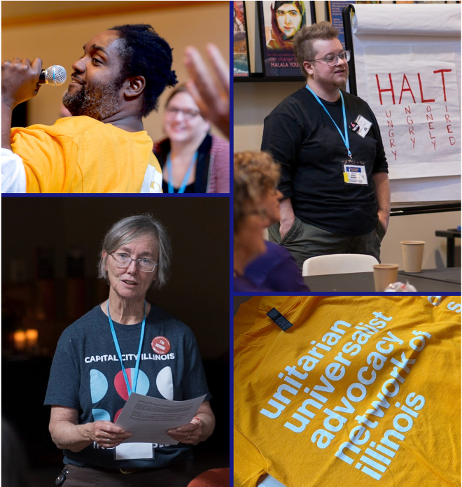 Four photographs in a square frame. In the upper left, a person with dark caramel colored skin and a beard, speaking into a microphone with their head tilted back, they appear to be smiling In the upper right, a person with light complexion and hands