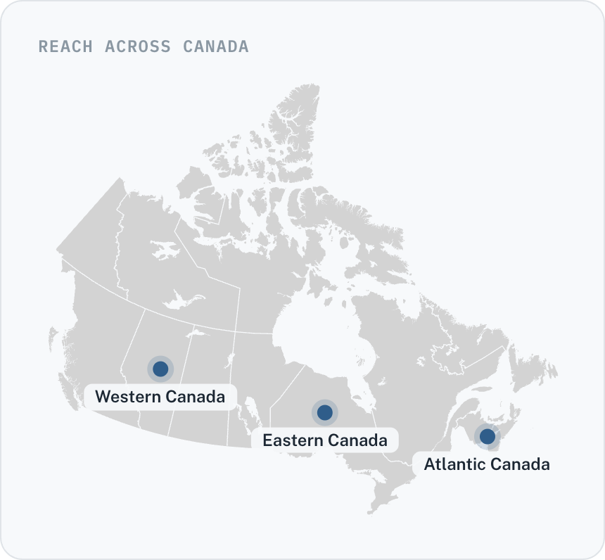 Map of Canada marking BOS delivery in Western Canada, Eastern Canada, and Atlantic Canada.