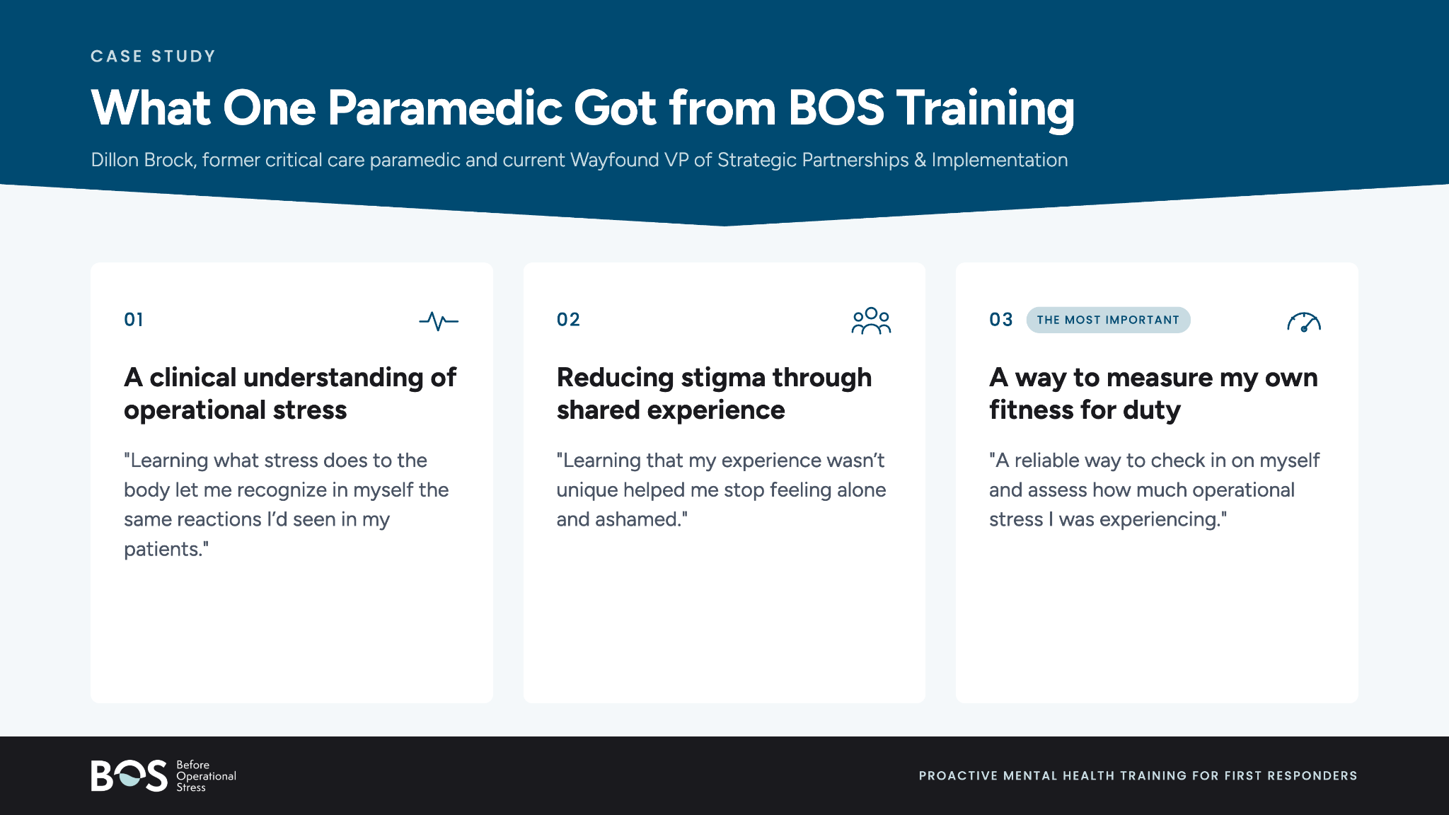 Infographic titled What One Paramedic Got from BOS Training, listing Dillon Brock's three takeaways: a clinical understanding of operational stress, reducing stigma through shared experience, and, most important, a way to measure his fitness for duty