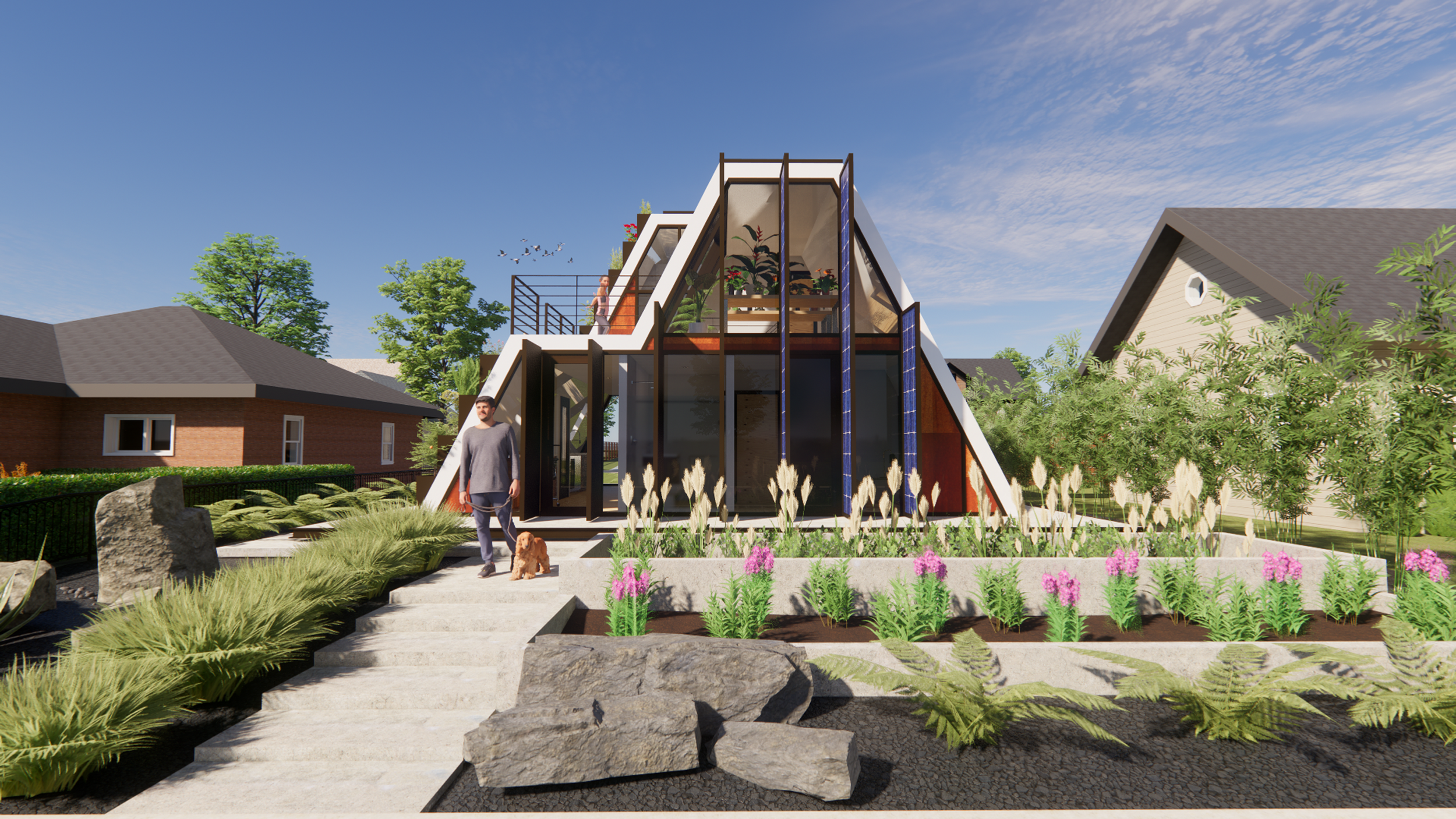 Modern glass house with triangular roof, surrounded by landscaped garden with flowers, plants, and rocks, with a man walking a dog in foreground under a blue sky.