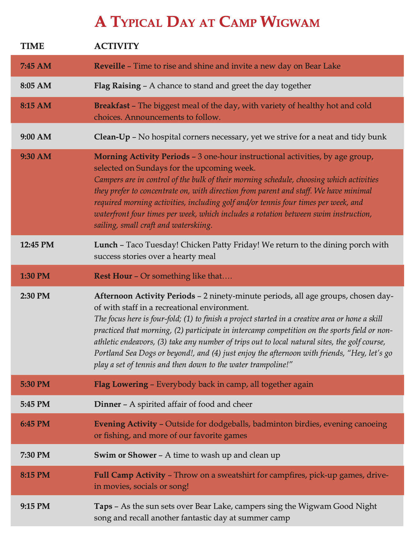 Schedule of a day at Camp Wigwam. We pack a lot into just one day from Reveille to Taps!