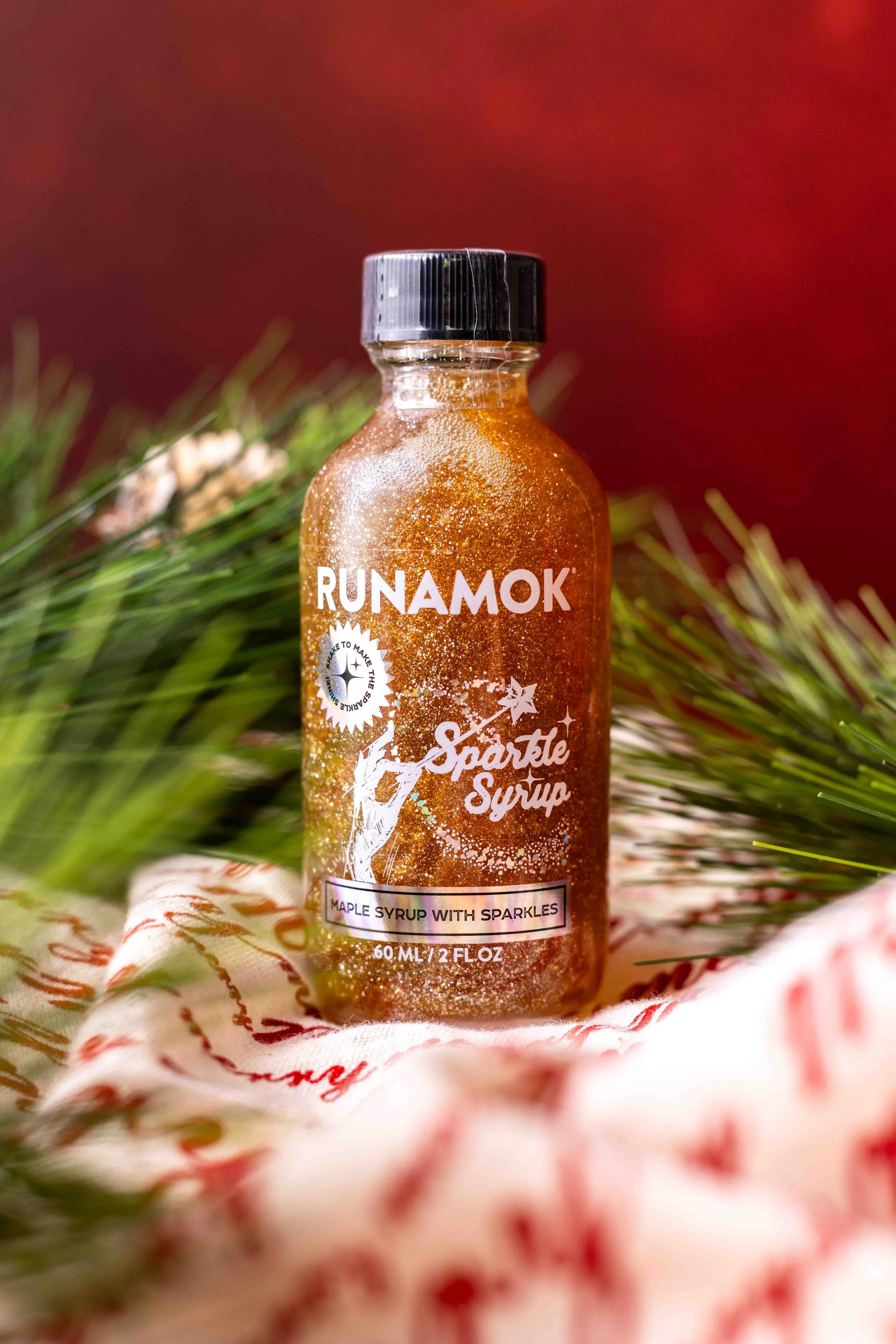 Giftable Runamok Sparkle Syrup with holiday motif