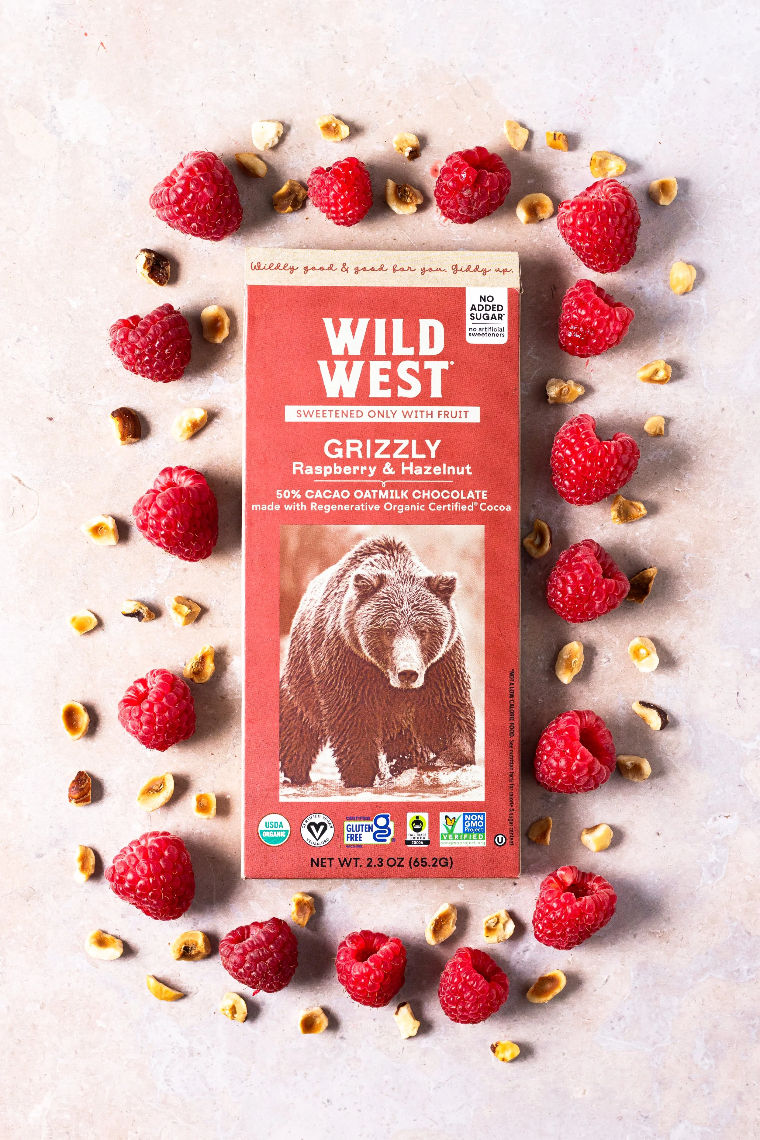 Wild West Raspberry Hazelnut Chocolate surrounded by ingredients