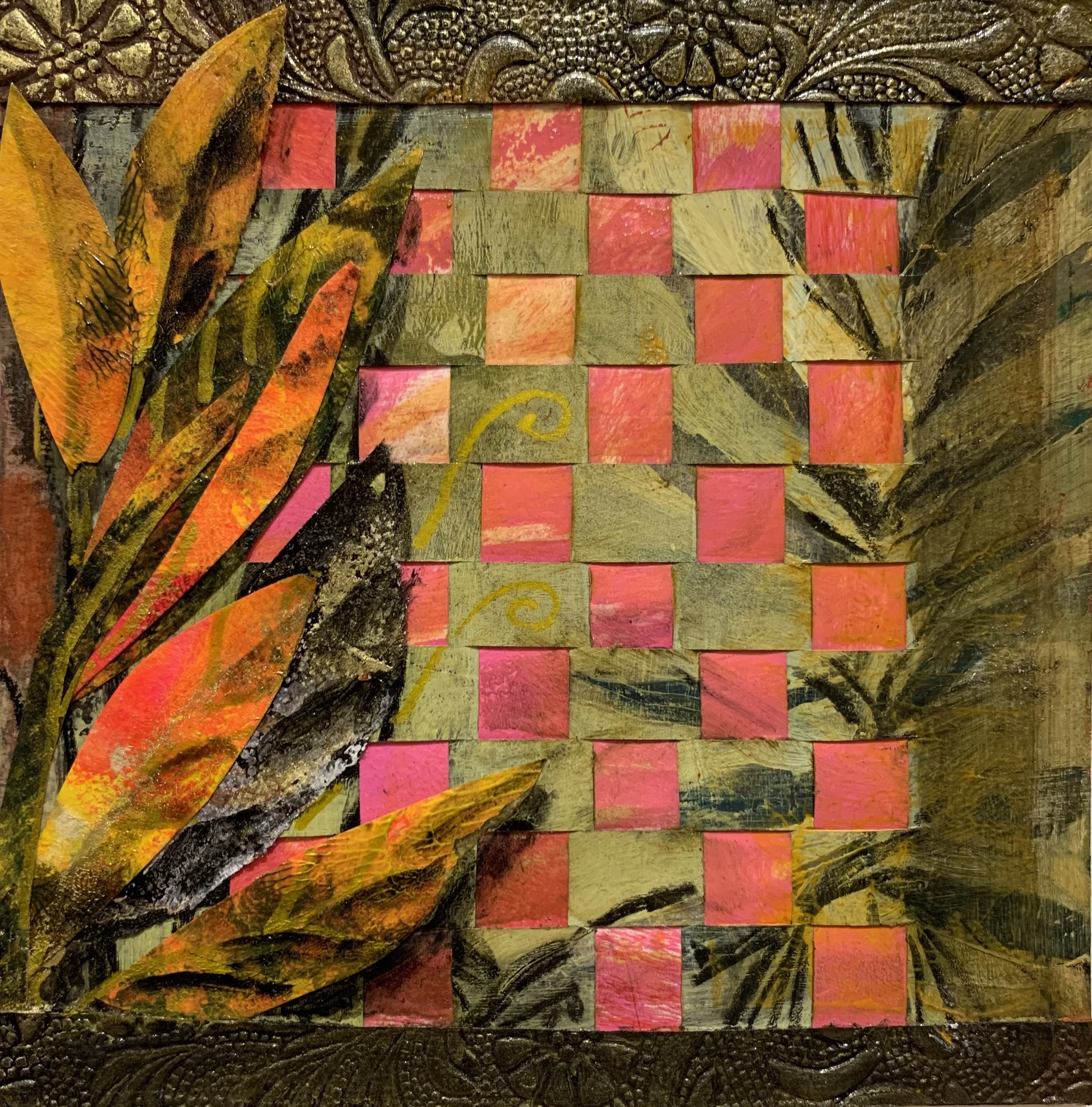 Woven III, 12" x 12" matted, Mixed Media on Paper
