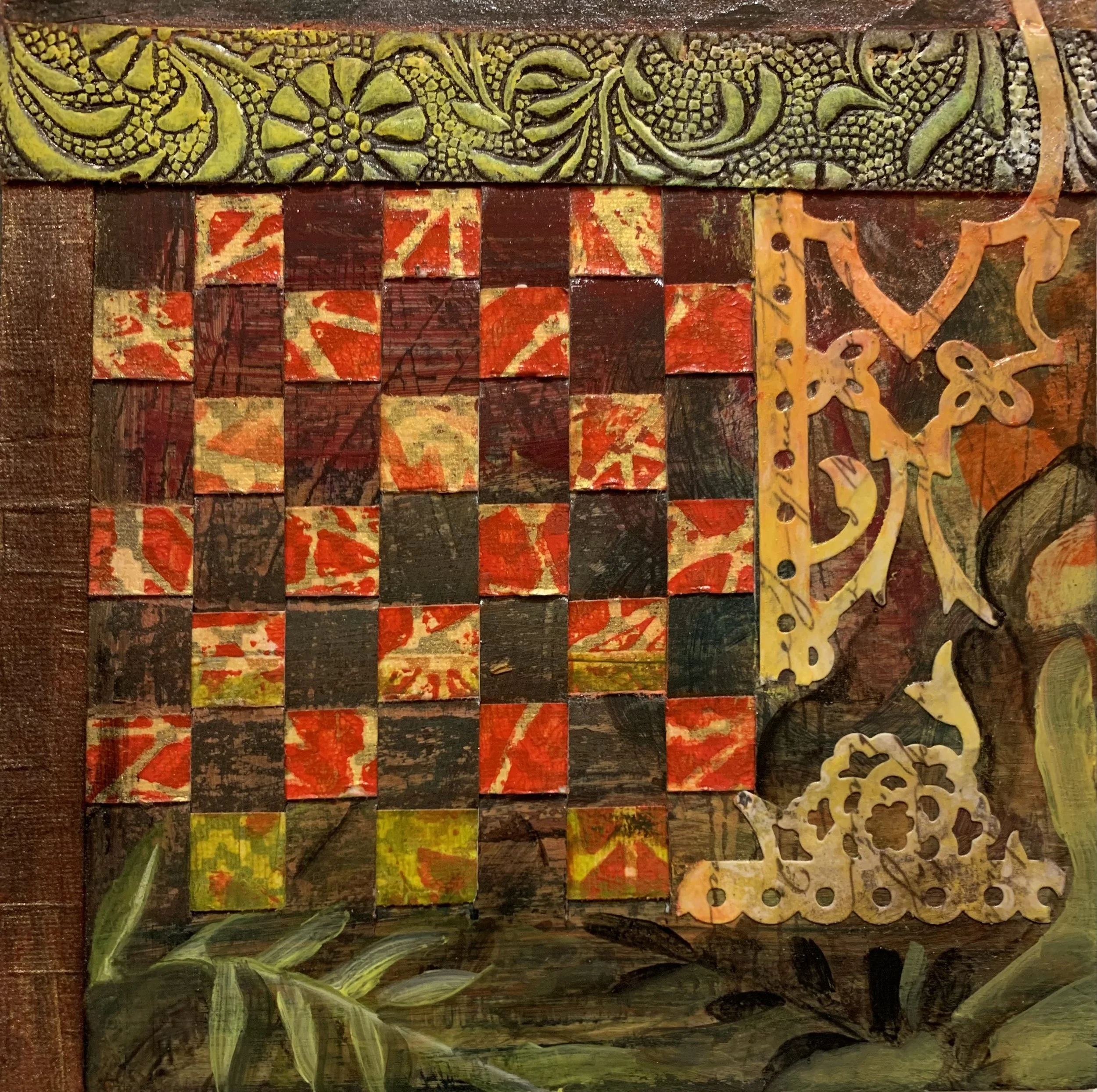 Woven V, 12" x 12" matted, Mixed Media on Paper
