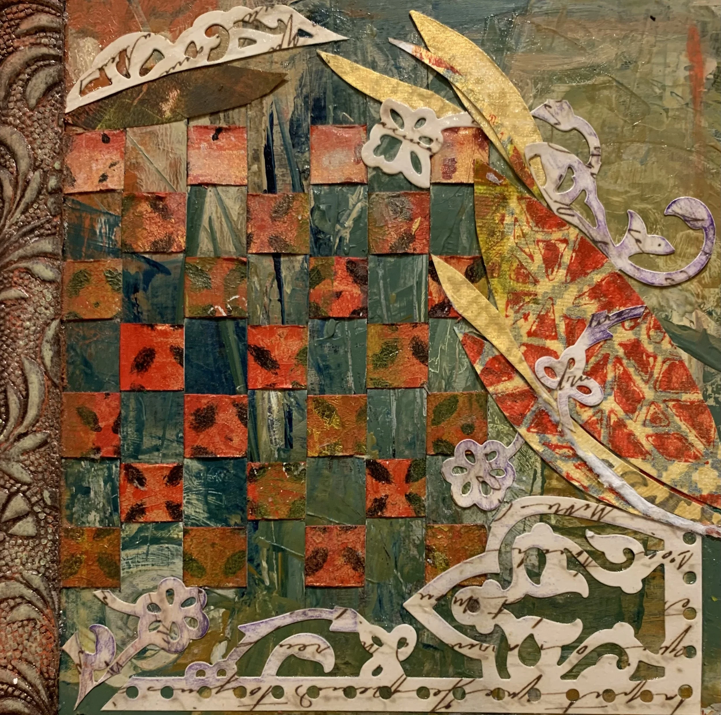 Woven I, 12" x 12" matted, Mixed Media on Paper