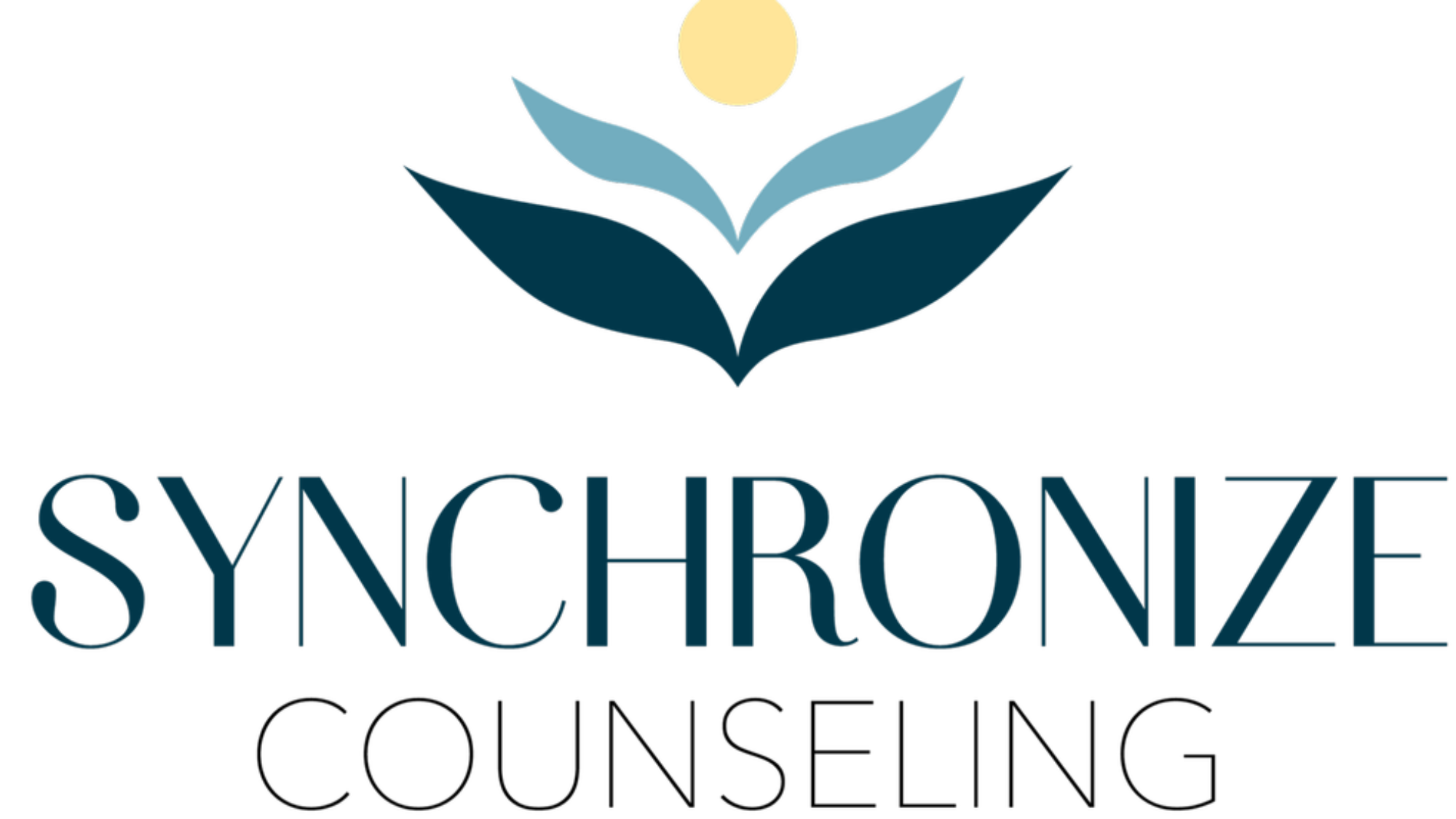 Stylized logo with a yellow circle above three pairs of blue leaf shapes and the word “Synchronize Counseling.”