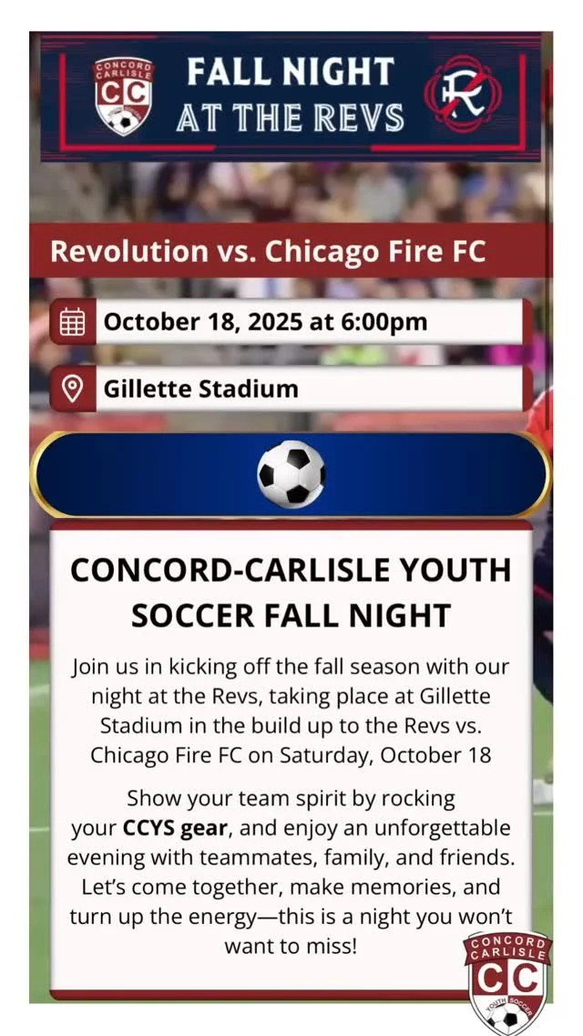 We’re a few days away from our CCYS Night at the Revs this fall — and you won’t want to miss it!
 
⚽ Saturday, October 18th
🏟️ NE Revolution vs. Chicago Fire FC
📍 Gillette Stadium, Foxborough, MA
🎉 Tailgate: 4:00 PM :  Kickoff: 6