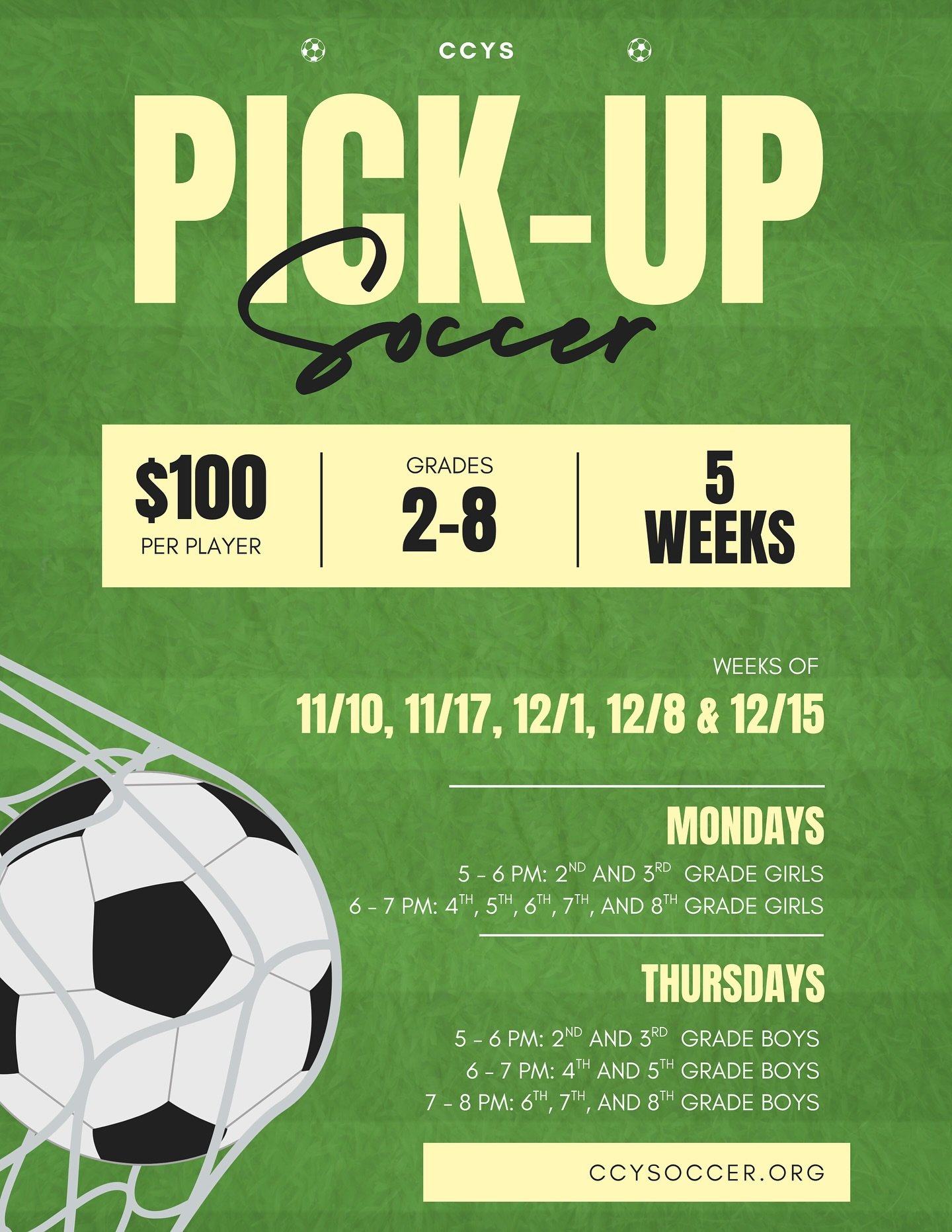 PICK-UP SOCCER IS HERE!
Register now at https://www.ccysoccer.org/pickup