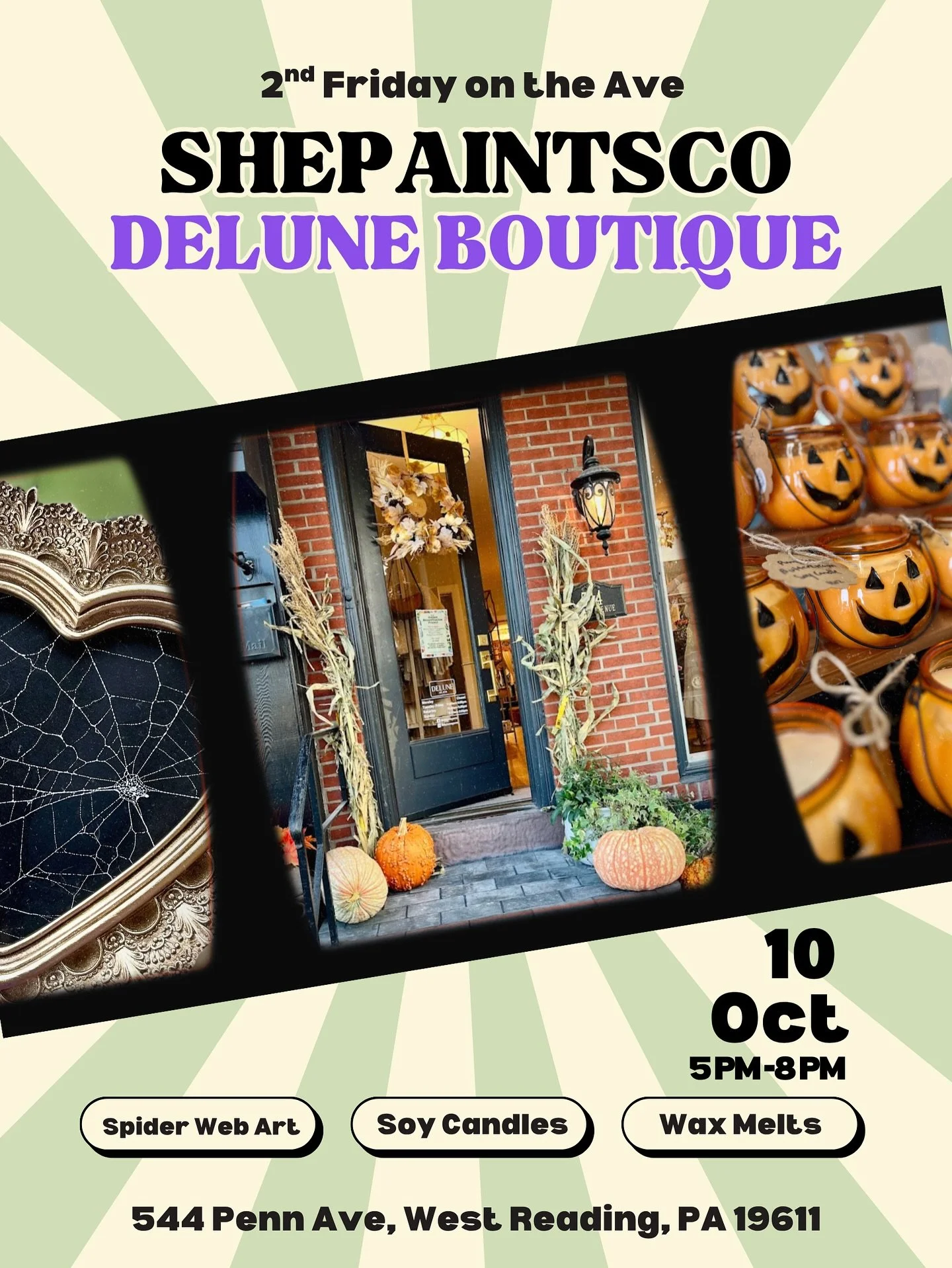 This Weekend

Friday 5-8 PM @delunewestreading 
2nd Friday Pop Up

Saturday 11 AM - 1 PM @boudoir.bypamelalyn 
Wicked Wicks &amp; Wigs Candle Making Event
Grab your seat at ShePaintsCo.com

Sunday 11 AM - 5 PM Fall for the Arts at Chestnut Hill @ches