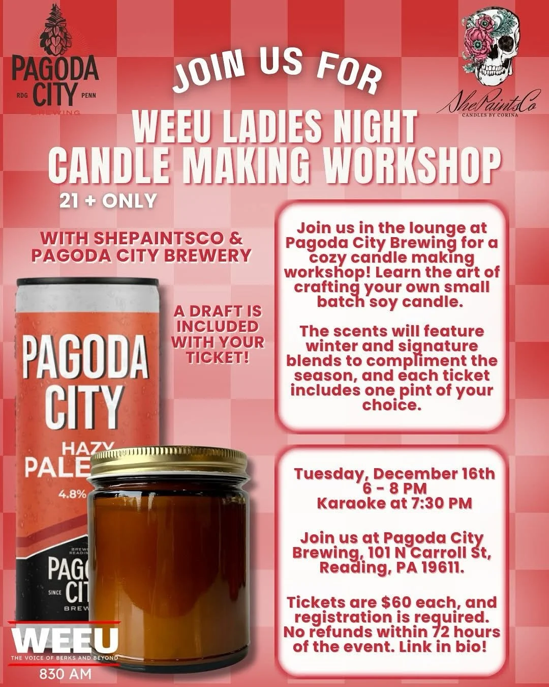 It&rsquo;s Ladies Night at @pagodacitybrewing with @830weeu 

A dream collab I am so excited about!

Come out December 16th at 6PM to craft and take home your own soy candles.

Details:
🕯️✨ WEEU Ladies Night: Candle Making Workshop with Candles by C