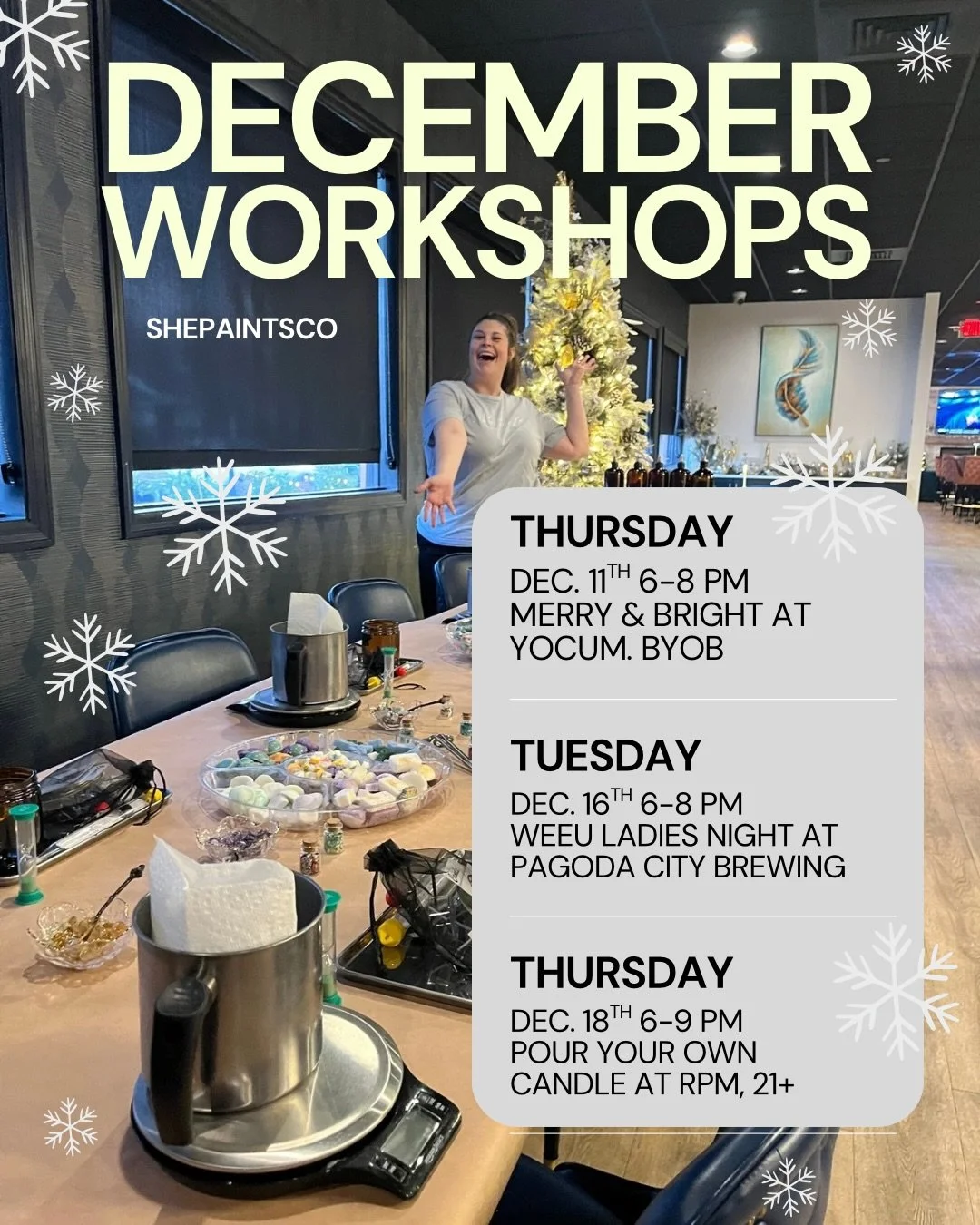❄️☃️December☃️❄️

12.11 @yocumarts Merry &amp; Bright Workshop 6-8 BYOB! Sign up through their site $45 pp Pour one candle and 4 tealights.

12.13 @the_find_events 10-3 in Red Lion, PA

12.14 @westreadingfarmersmarket 10-12 2nd Sunday with Artisan Cr