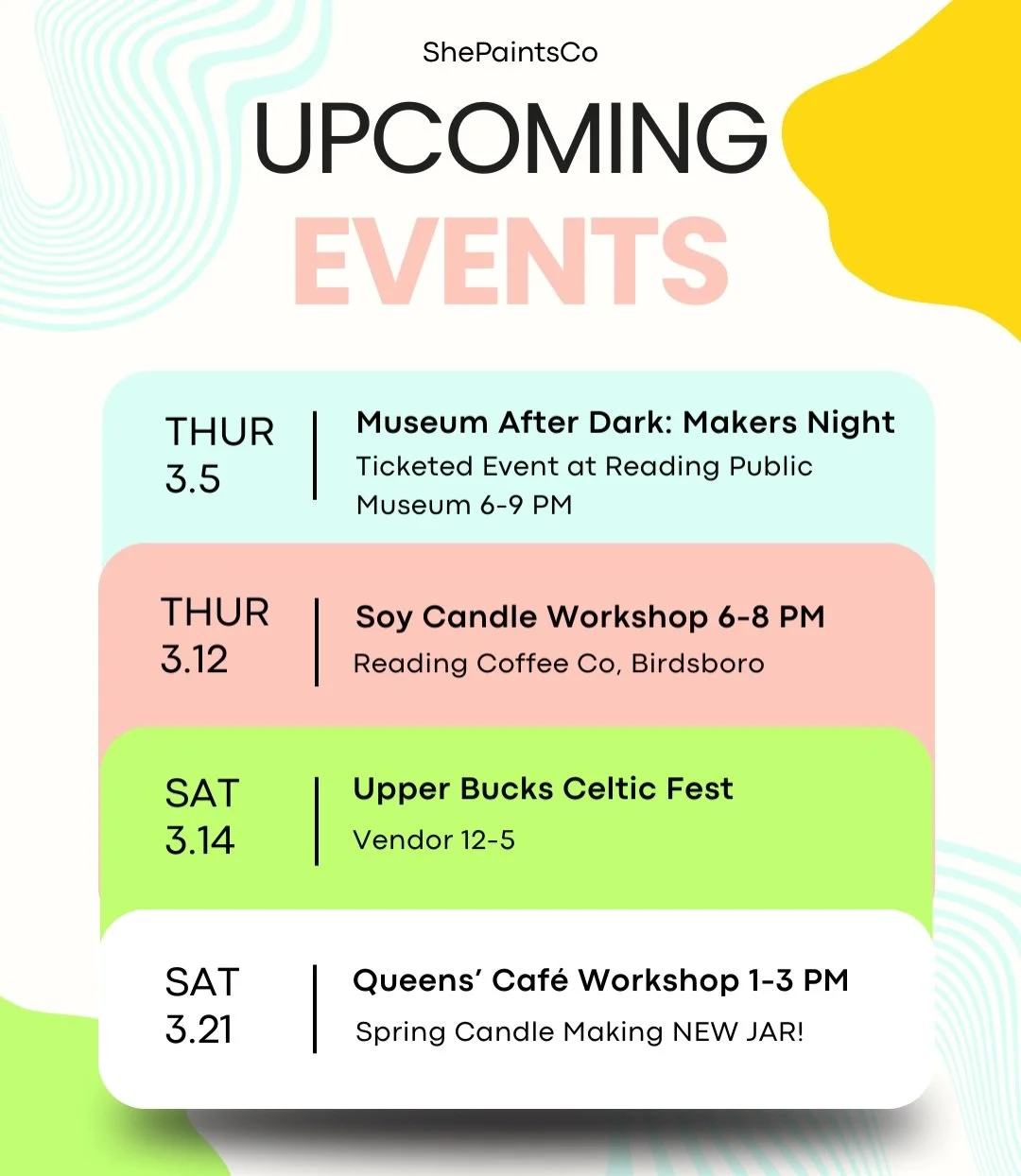 🍀☕️ March Happenings 🌈🍀

@rdgmuseum NEXT THURSDAY 6-9 Preticketed event or pay at the door. Makers Night Out 21+. You can pour your own candle with me for an additional fee during the evening at your leisure.

@readingcoffeecompany workshop is SOL
