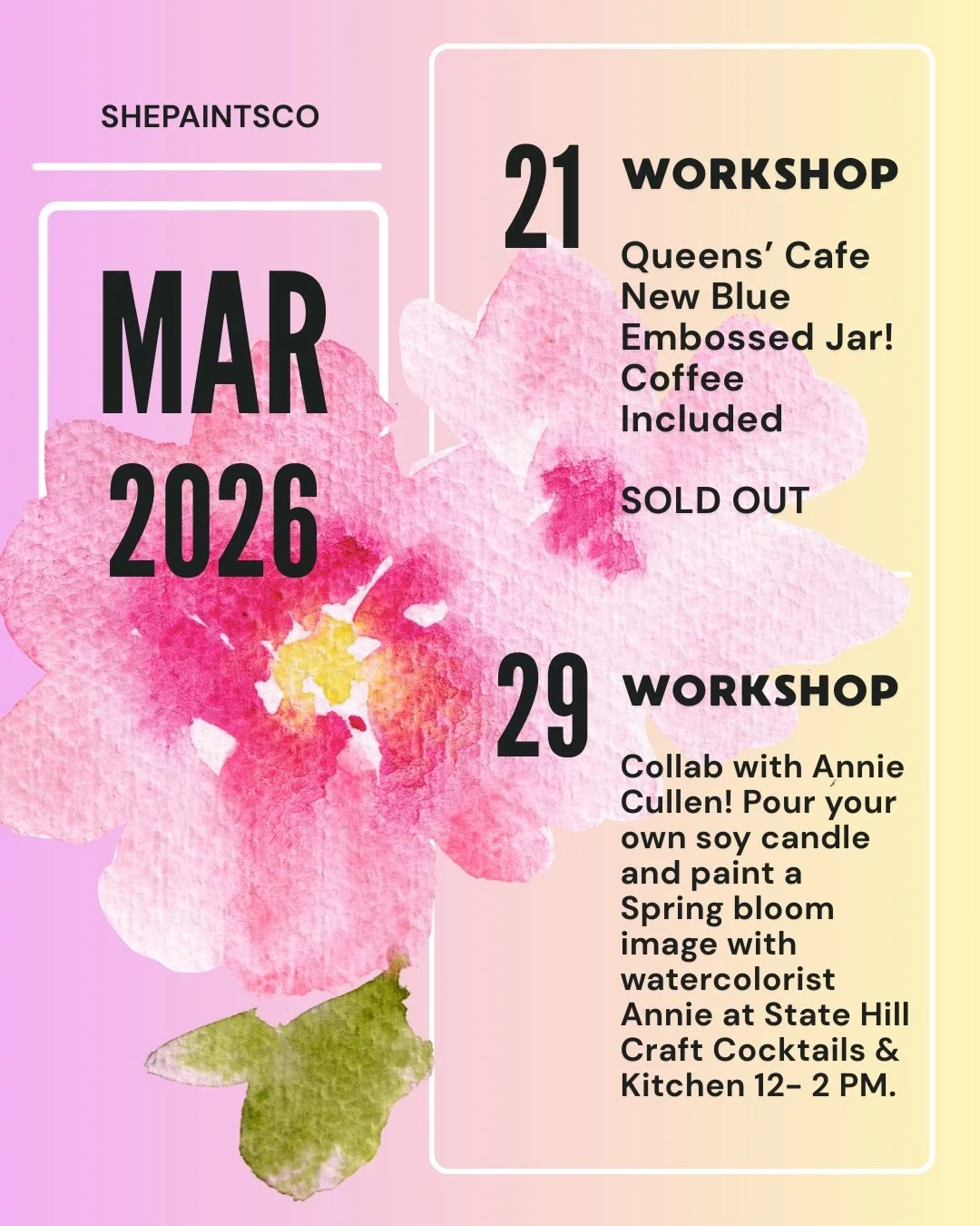 🕯️MARCH TO MAY🕯️

More info can be found under the upcoming events tab at ShePaintsCo.com

➡️ Booking candle workshops for June.
🌞 July and August are currently open 🌞

#candlemaking #candleworkshops #soycandles #berkscounty #westreading