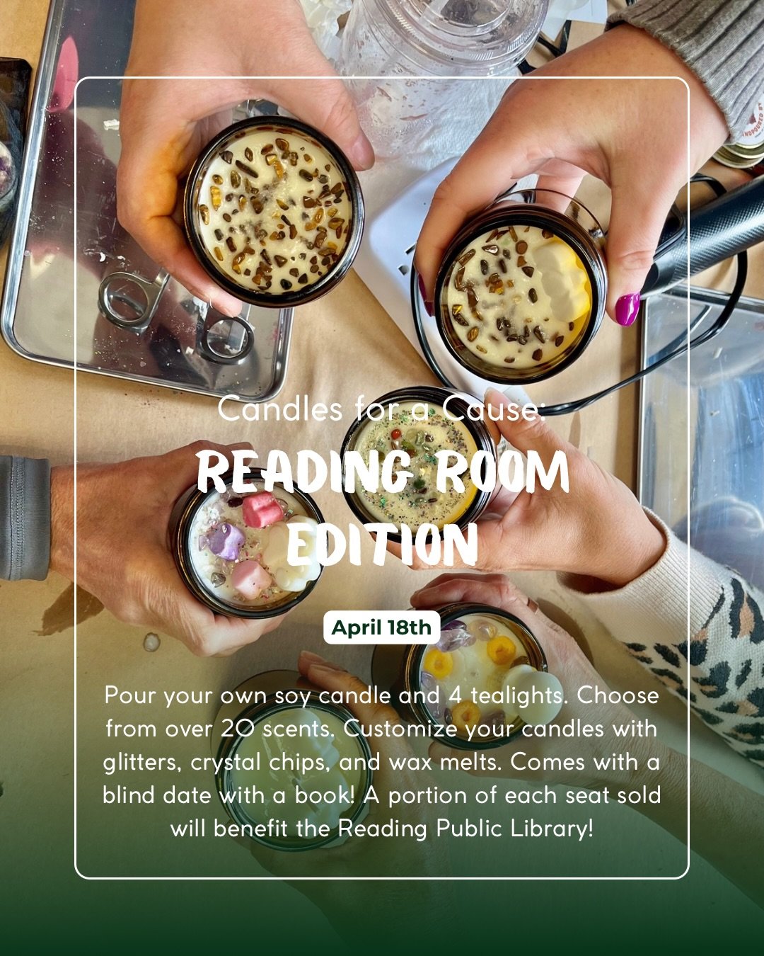 CANDLES FOR A CAUSE: READING ROOM EDITION
📚Next weekend 1-3 April 18th📚

Blind date with a book included!! $65 pp

Owner Sabrena Elmarzouky of Queens&rsquo; Cafe will be a Celebrity Bartender for Reading Public Libraries Fundraiser on Wednesday, Ma