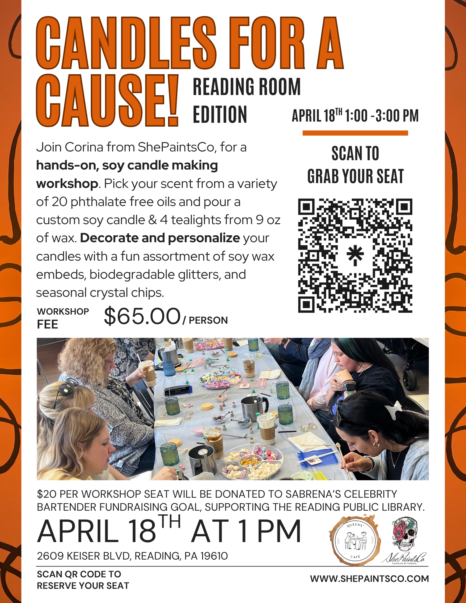 4.18 1-3 PM Queens' Cafe Candles for a Cause: Reading Room Edition Workshop
