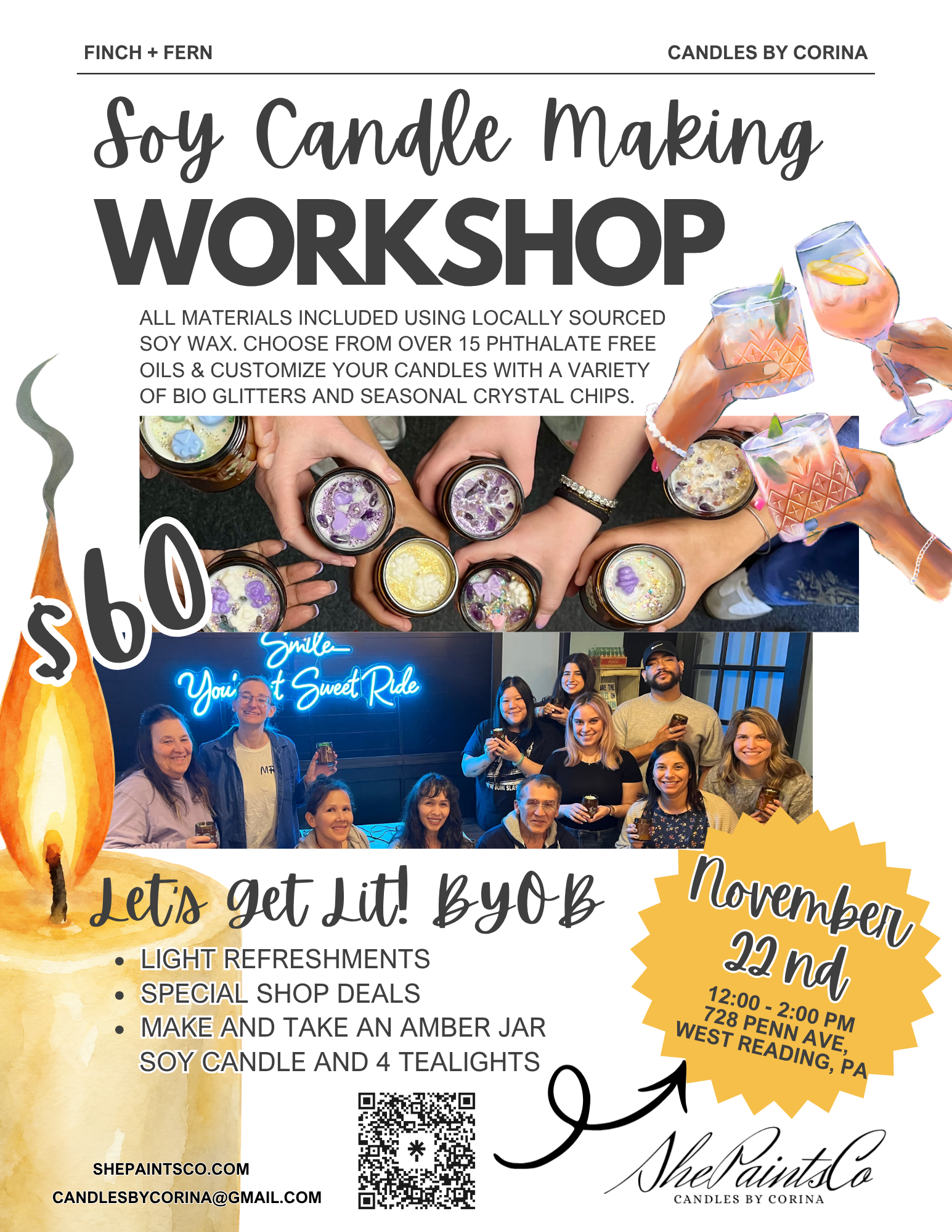 11.22 12-2 PM Let's Get Lit BYOB Soy Candle Making Experience at Finch + Fern
