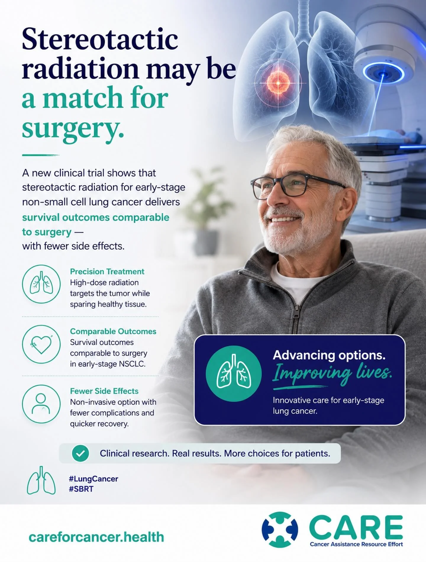 Stereotactic radiation may be a match for surgery. A new clinical trial shows that stereotactic radiation for early-stage non-small cell lung cancer delivers survival outcomes comparable to surgery &mdash; with fewer side effects. 🫁 #LungCancer #SBR