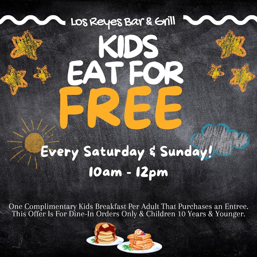 🎉We Can't Wait To See You This Weekend For Our Kids Eat For Free Special!

🥞This Offer is Valid Saturdays &amp; Sundays 10am - 12pm!
For Dine-in Orders Only.

🥞 1 Complimentary Kids Breakfast per Adult that is
purchasing an entree.

🥞 Kids Menu i