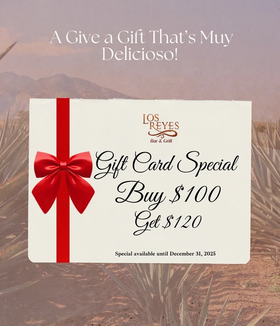 Our gift card special is back for the holidays🎁🎄🎅🏼
Give the gift of Mexican Flavor! 🌮🌯🍹💃

When you buy a $100 gift card you&rsquo;ll receive an additional $20 on your gift card! 

*Disclaimer gift card cannot be split up into multiple gift ca