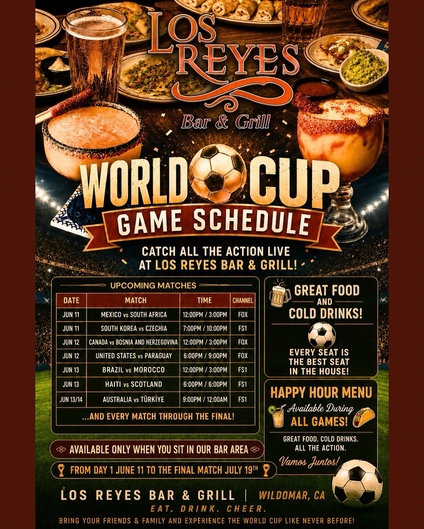 🏟️⚽️Starting June 11th - July 19th Watch The World Cup with us &amp; Enjoy our Happy Hour Menu when You sit in our Bar Section!🙌🎉🍻⚽️
You don&rsquo;t want to Miss Great Food, Amazing Deals &amp; Awesome Games until the Final Match on July 19th at 
