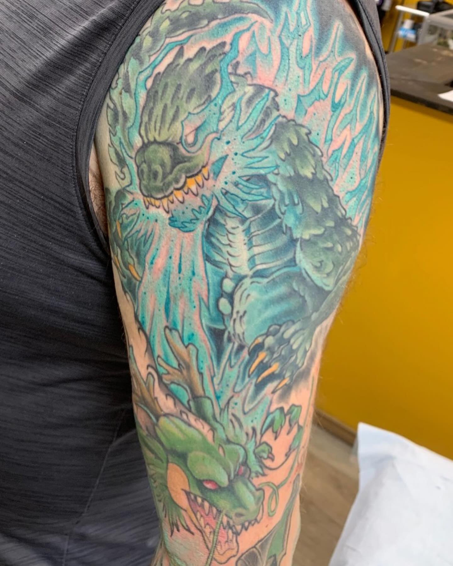 Little progress shot of this awesome sleeve Zach is working on .