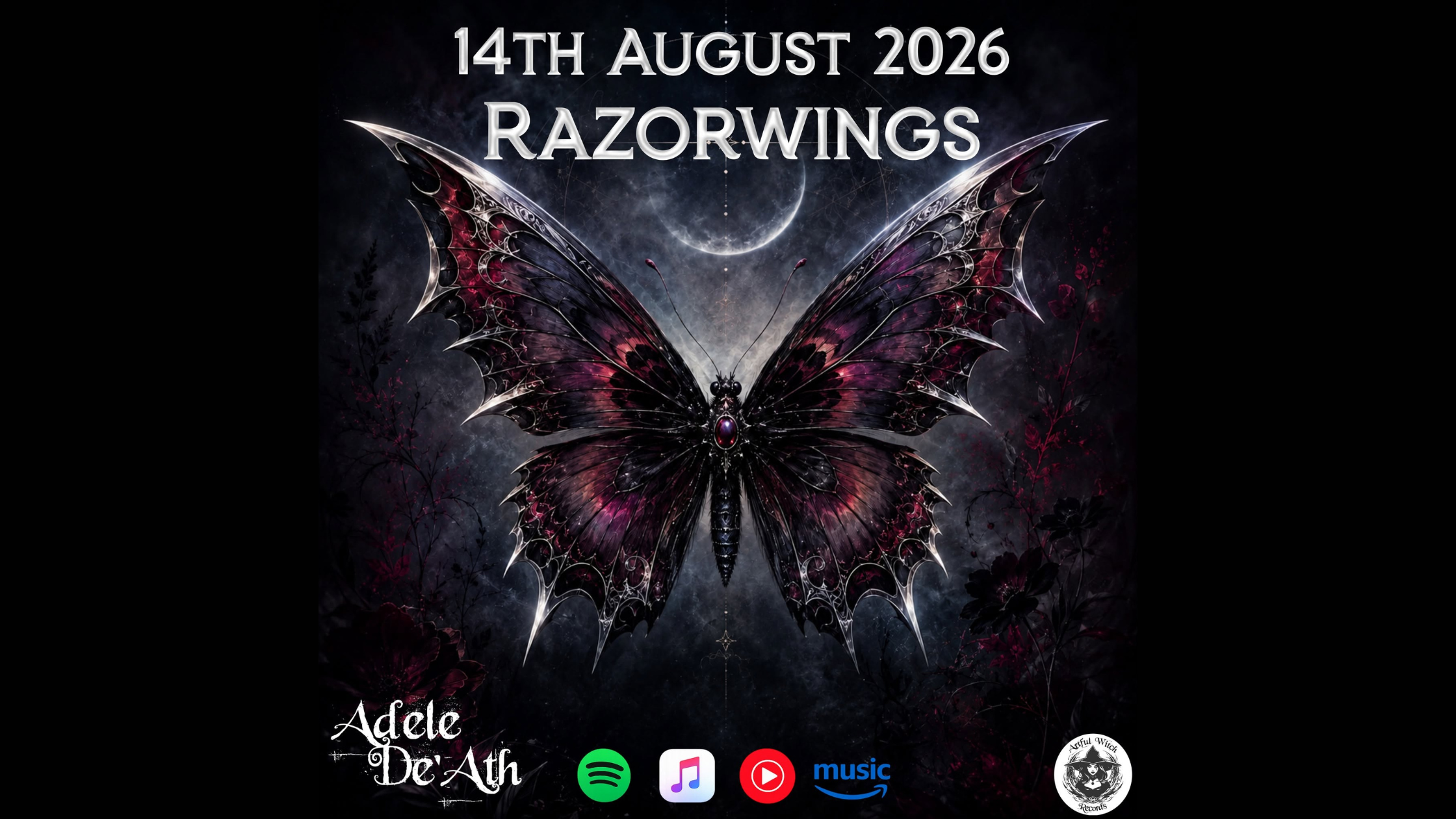 Purple butterfly on a moonlit background. 14th August 2026 Razorwings at the top. This is the single artwork.