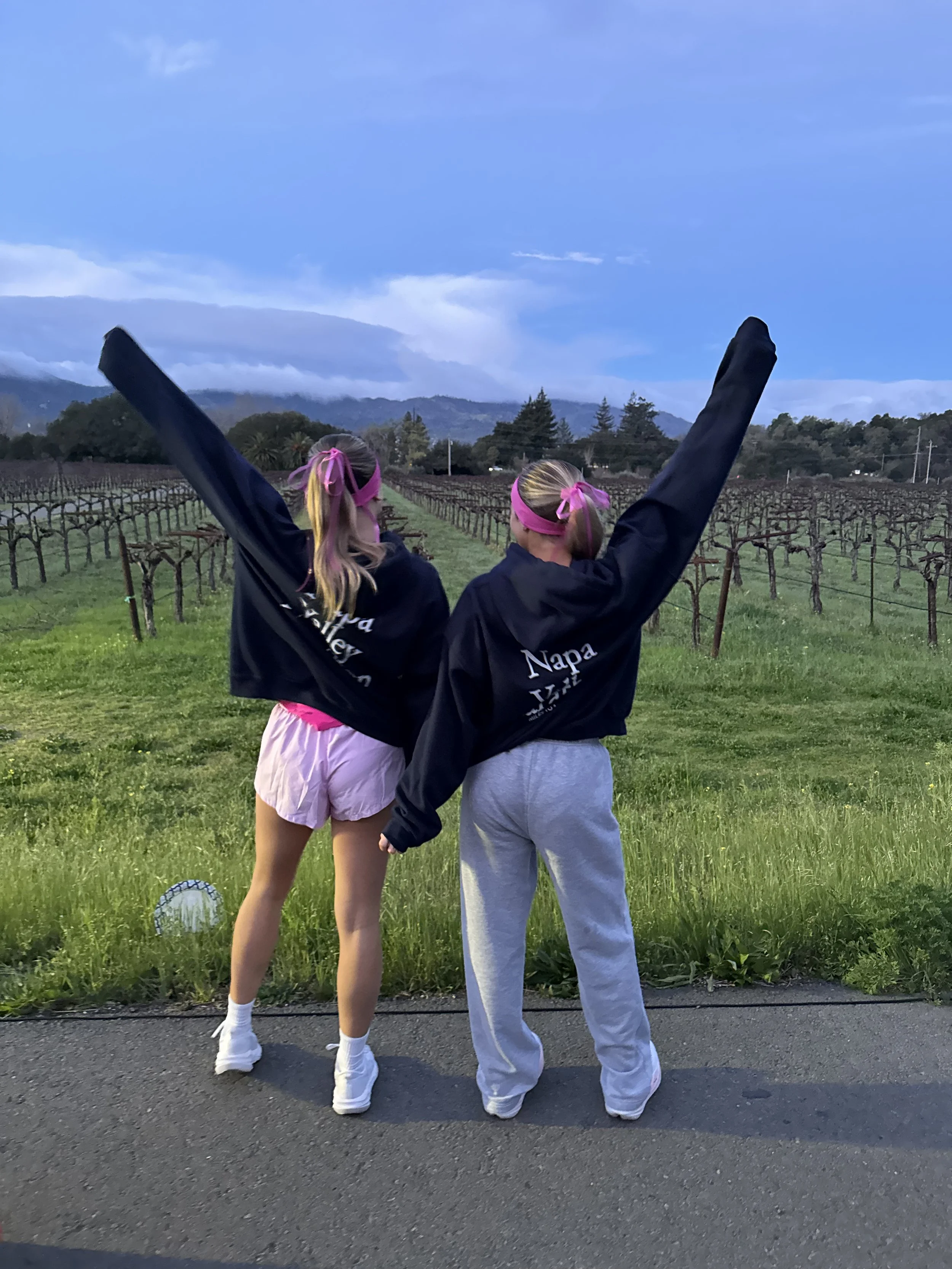 Natasha and Madeline Beitz wearing Miles to Marathons Hoodies in Napa Valley