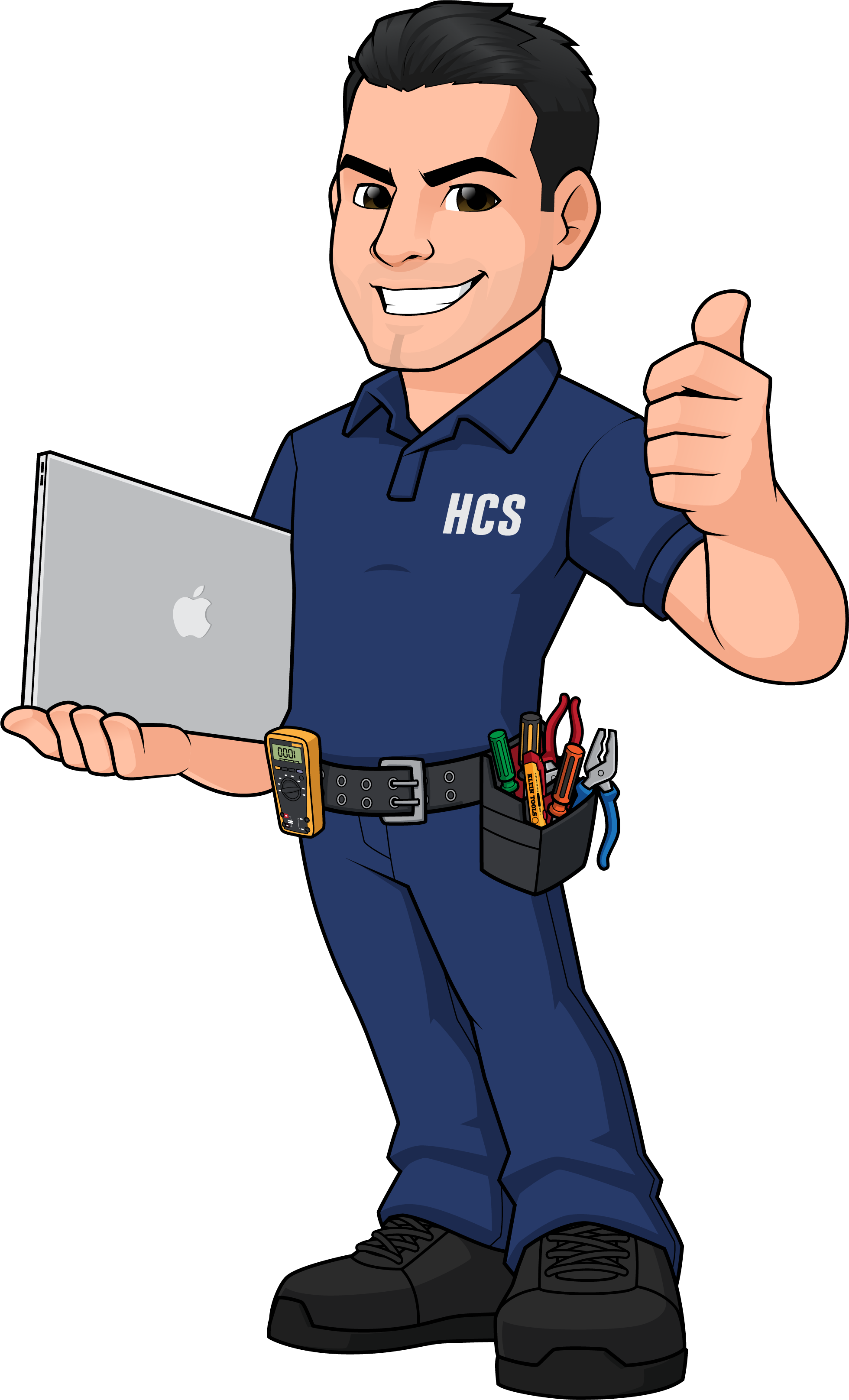 Cartoon electrician in navy uniform holding a silver laptop, giving a thumbs up, with a tool belt containing various tools around his waist.