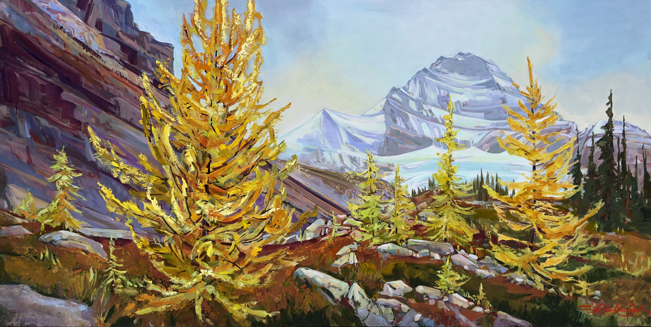 Painting of an alpine landscape featuring tall, yellow pine trees in the foreground, rocky terrain, and snow-capped mountains in the background under a clear blue sky.