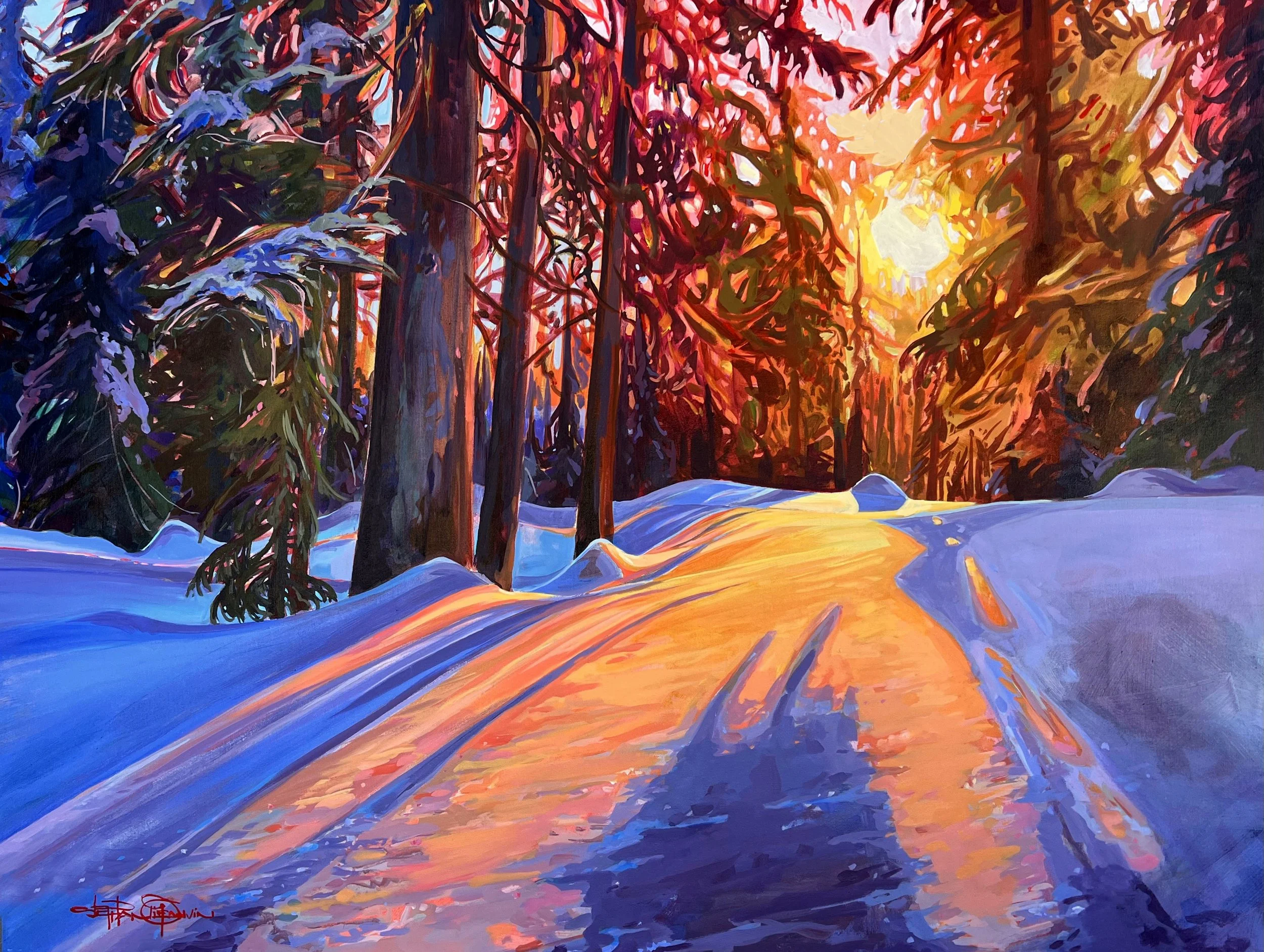 A painting of a snowy winter forest scene during sunset with tall trees, snow-covered ground, and orange and yellow sky visible through the trees.