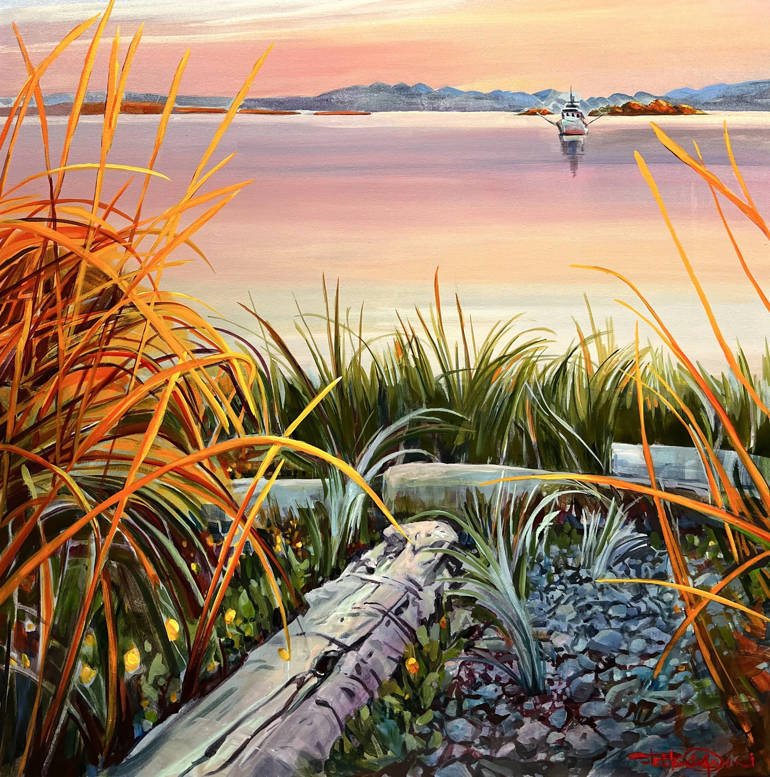 Painting of a lakeside scene at sunset with colorful sky, distant mountains, a boat on the water, tall grasses in foreground, and a fallen log on rocky shore.