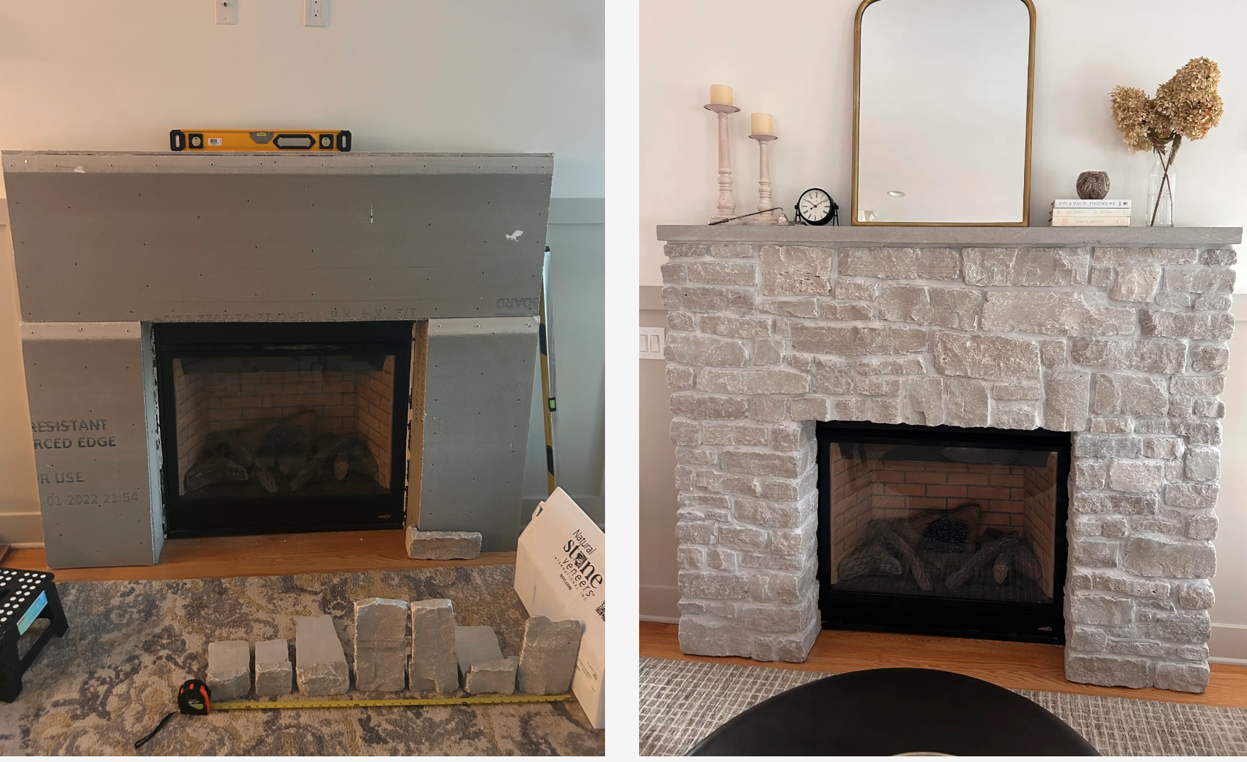 Side-by-side comparison of a fireplace before and after renovation. The left image shows an unfinished fireplace with a metal sheet surface and tools, while the right image displays the completed fireplace with a stone facade, decorative mirror, cand