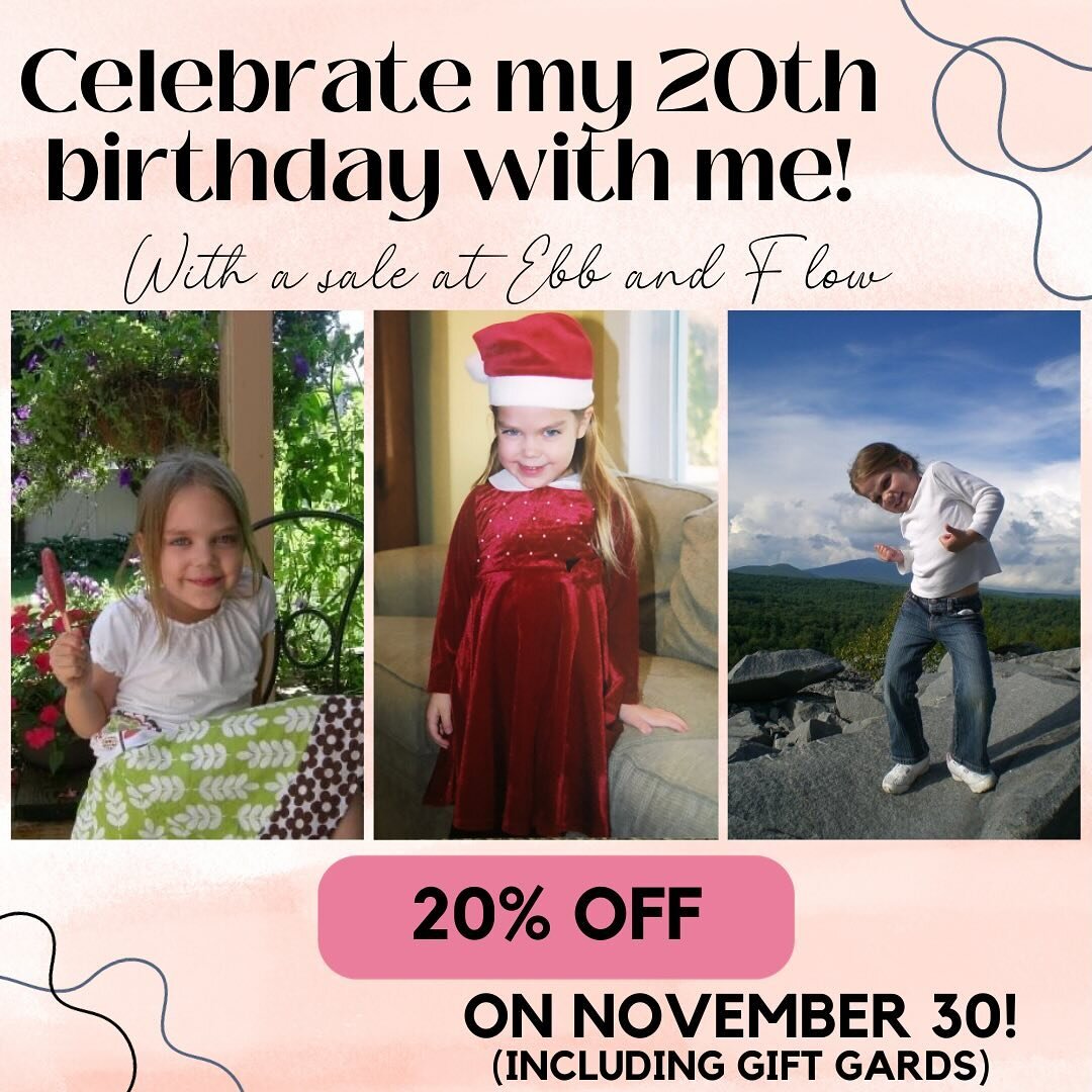 I&rsquo;m turning 20 on November 30th! 🥳 Celebrate with me by getting 20% off all purchases on 11/30 (including gift cards) 😁🎉
See you soon!
-
-
-
#ebbandflowfiberarts #sale #fiberart