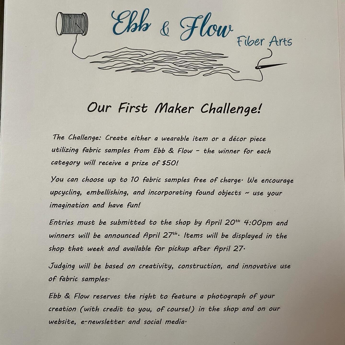 The first Maker Challenge at Ebb and Flow!
The Challenge: Create either a wearable item or a d&eacute;cor piece utilizing fabric samples from Ebb &amp; Flow &ndash; the winner for each category will receive a prize of $50!
You can choose up to 10 fab