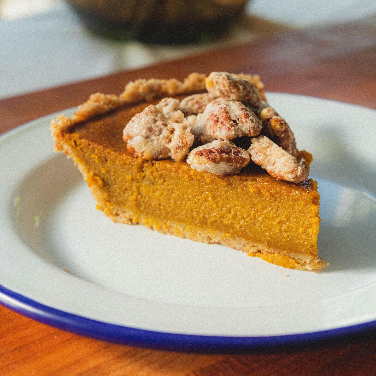 Our Pumpkin Pecan Pie is made with a graham flour crust (from Maine Grains!), a super creamy filling that we make using locally grown pumpkins &amp; squash that we roast &amp; pur&eacute;e ourselves &amp; we top it with crunchy, candied pecans. Order