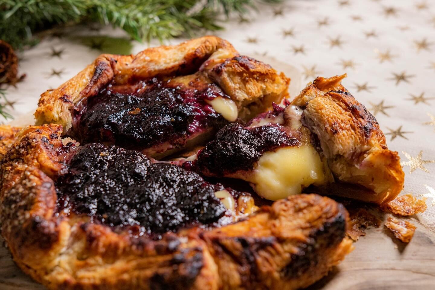 Blueberry &amp; Brie Galette with locally grown blueberry jam and Camenbrie cheese from @blueledgefarm, wrapped in our flaky pie dough. A great, easy holiday appetizer, just pop it in the oven before serving. Order today on the website, or over the p