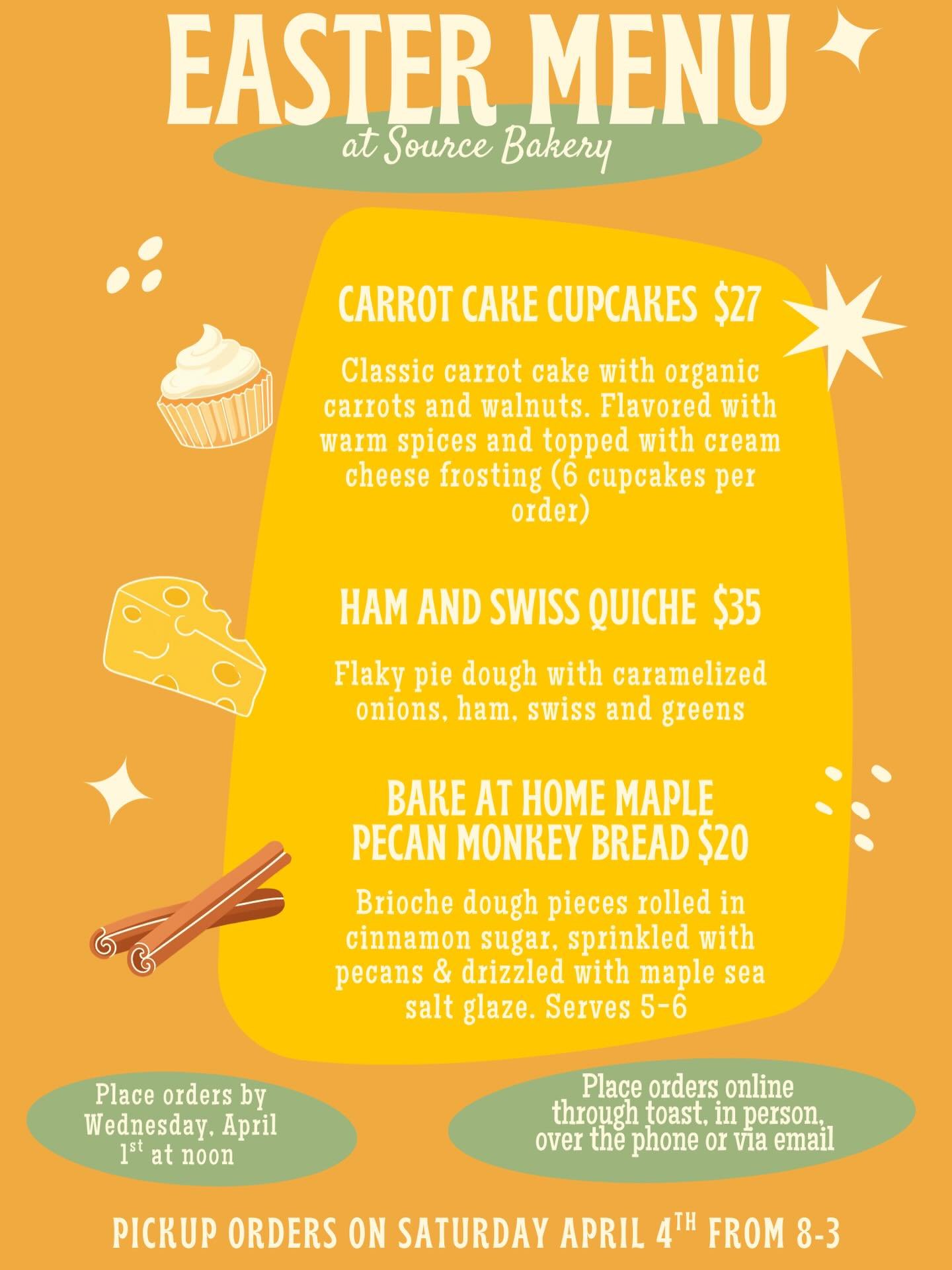 Our Easter menu is live! Orders close on Wednesday 4/1, pickup is Sunday 4/4 and we&rsquo;ll be closed Easter Sunday 🐰🥕💛