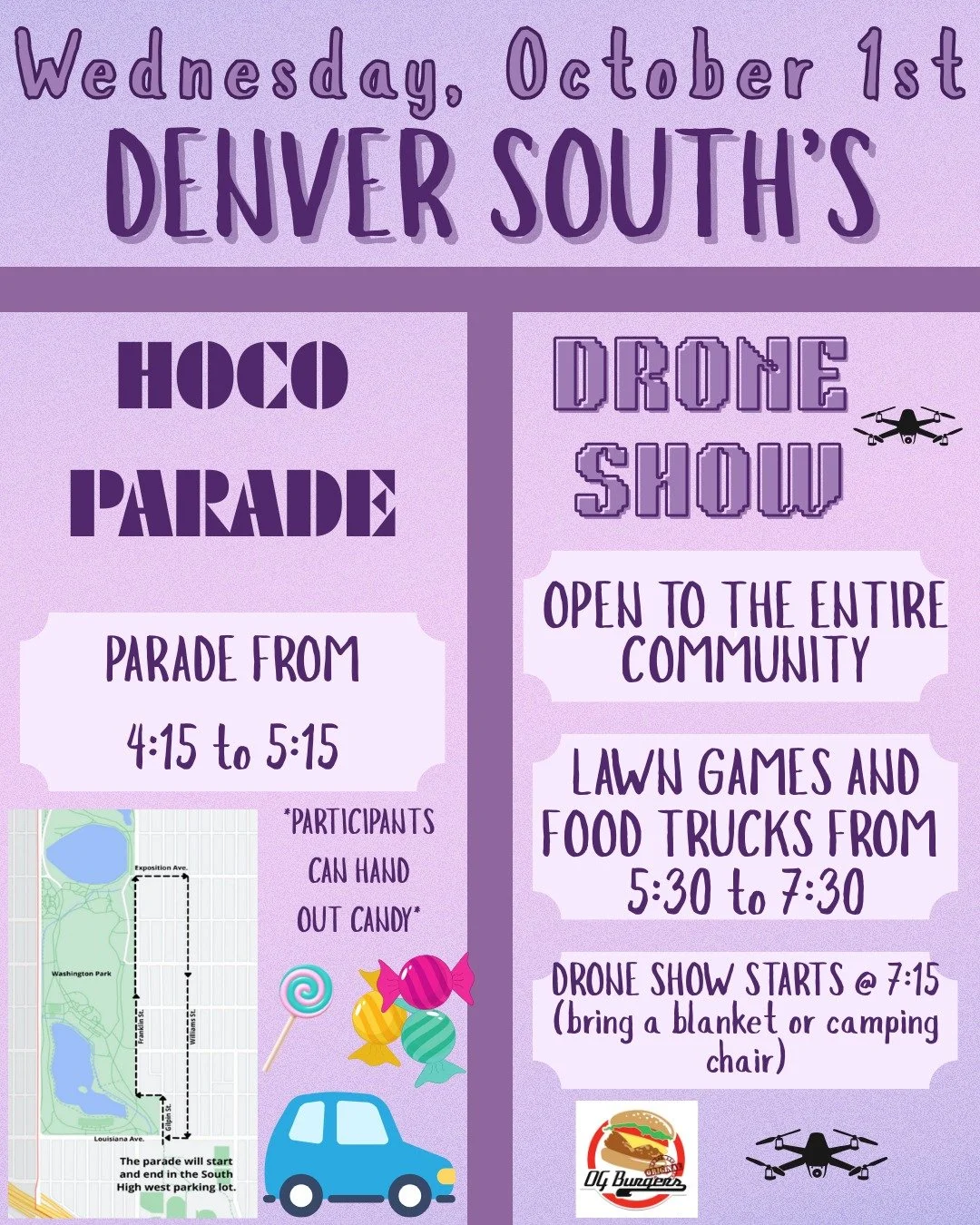 ๐๐ฃ WEDNESDAY, OCT 1st = BIG RAVENS ENERGY ๐ฃ๐
Mark your calendars — it's **Denver South’s HOCO Parade + Drone Show Day** and it’s gonna be ๐ฅ๐ฅ๐ฅ
**๐ HOCO PARADE**
๐ 4:15–5:15 PM
Catch the spirit as we roll through Wash