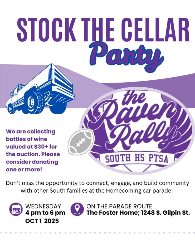 ๐๏ธ Get your Raven Rally tickets now: https://bolder.bid/tickets/south/tix
๐ท๐ Stock the Cellar Party is happening during the Homecoming car parade!
We’re collecting bottles of wine ($30+ value) for the auction — donate one or more and