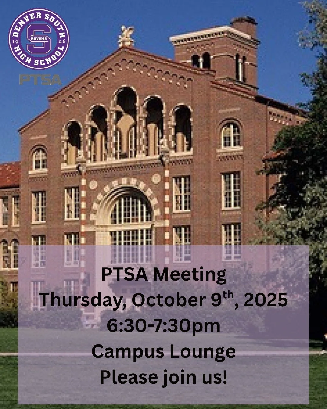 ๐ Come Mingle with the PTSA! ๐
It’s time for our monthly PTSA meeting — join us Thursday, October 9th from 6:30–7:30pm at the Campus Lounge!
We’ll have appetizers, updates on the Raven Rally coming up on November 14th, and