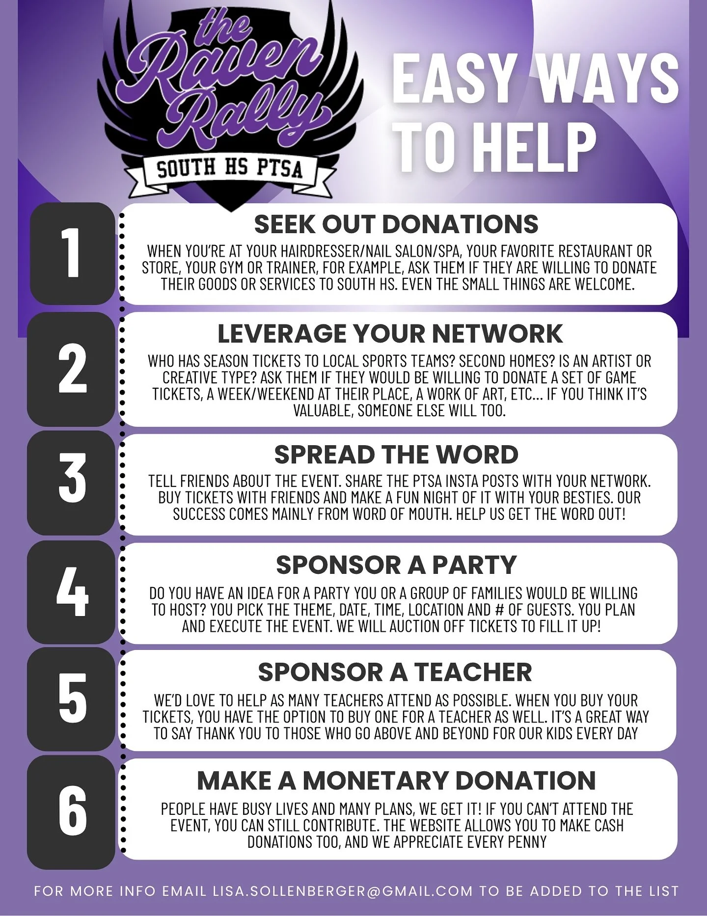 We need You, South Parent Community! ๐ซถ
We know life is busy but here are 6 easy ways you can help with the Raven Rally! 
Seek Out Donations ๐
Leverage Your Network ๐ค
Spread the Word ๐ฃ
Sponsor a Party ๐๐พ
Sponsor a teacher ๐ฉ‍๐ซ 
Make