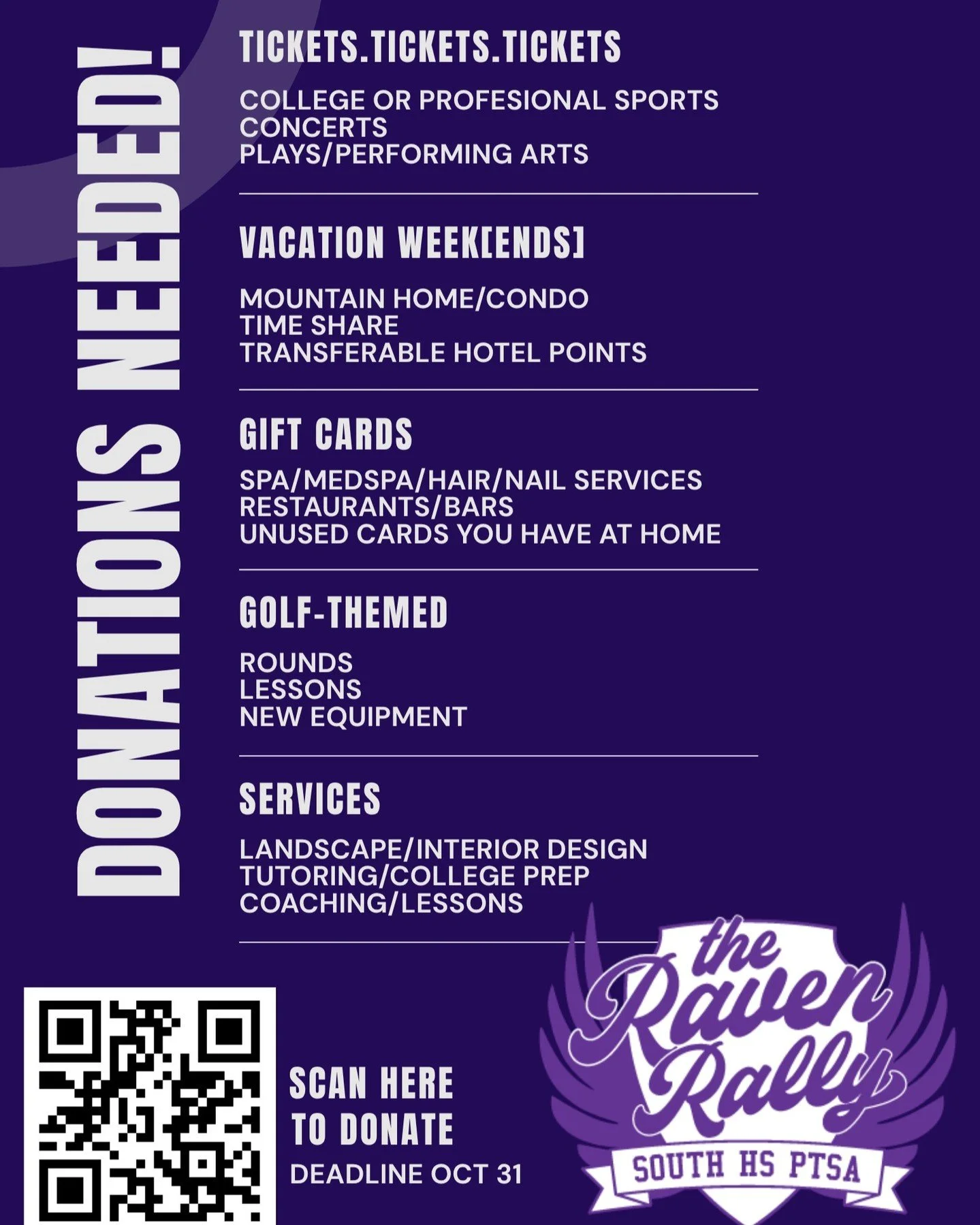 ๐๐ค Donations Needed for The Raven Rally! ๐ค๐
We’re gathering amazing items for this year’s Raven Rally — and we need YOUR help to make it a success! ๐๏ธ๐โณ๐
Got…
๐ซ Extra tickets (sports, concerts, theatre)?
๐๏ธ A mount